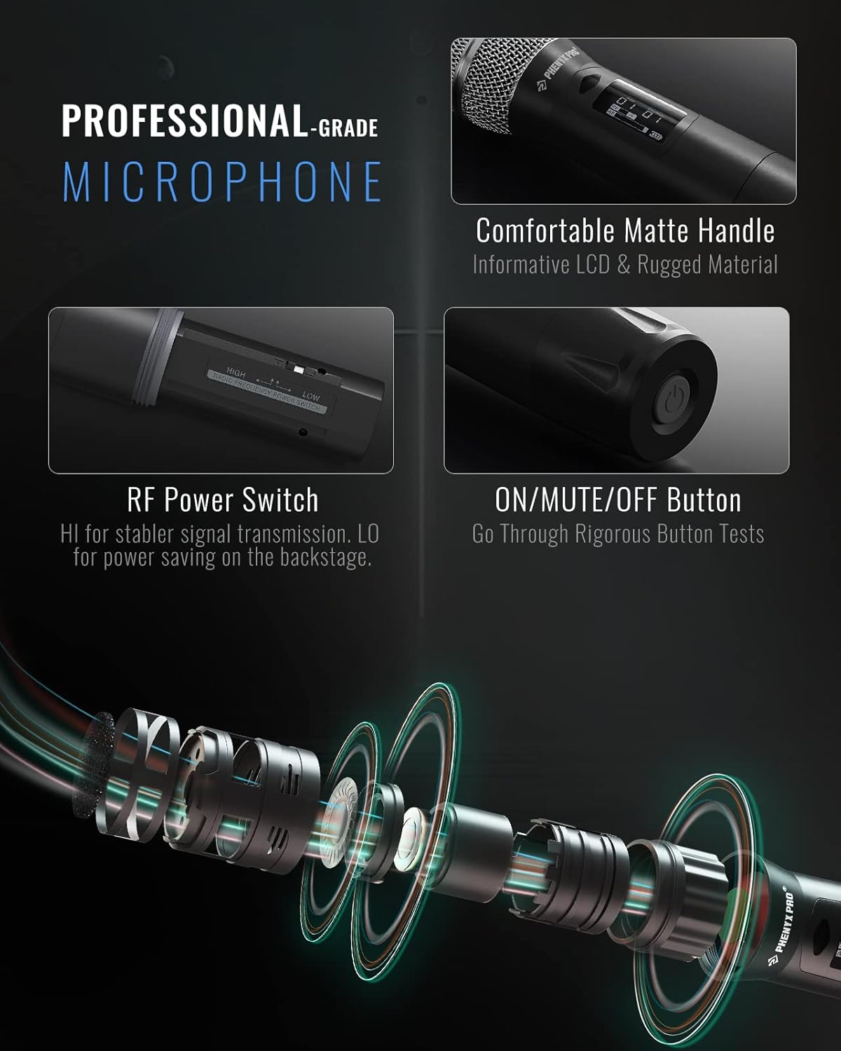 phenyx pro wireless microphone system, true diversity dual cordless mic set, professional uhf handheld wireless microphones w/auto scan, 2x1000 channels, 328ft for stage & studio (ptu 2u 2h)