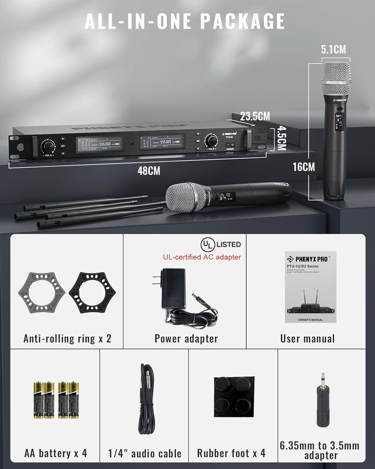 phenyx pro wireless microphone system, true diversity dual cordless mic set, professional uhf handheld wireless microphones w/auto scan, 2x1000 channels, 328ft for stage & studio (ptu 2u 2h)