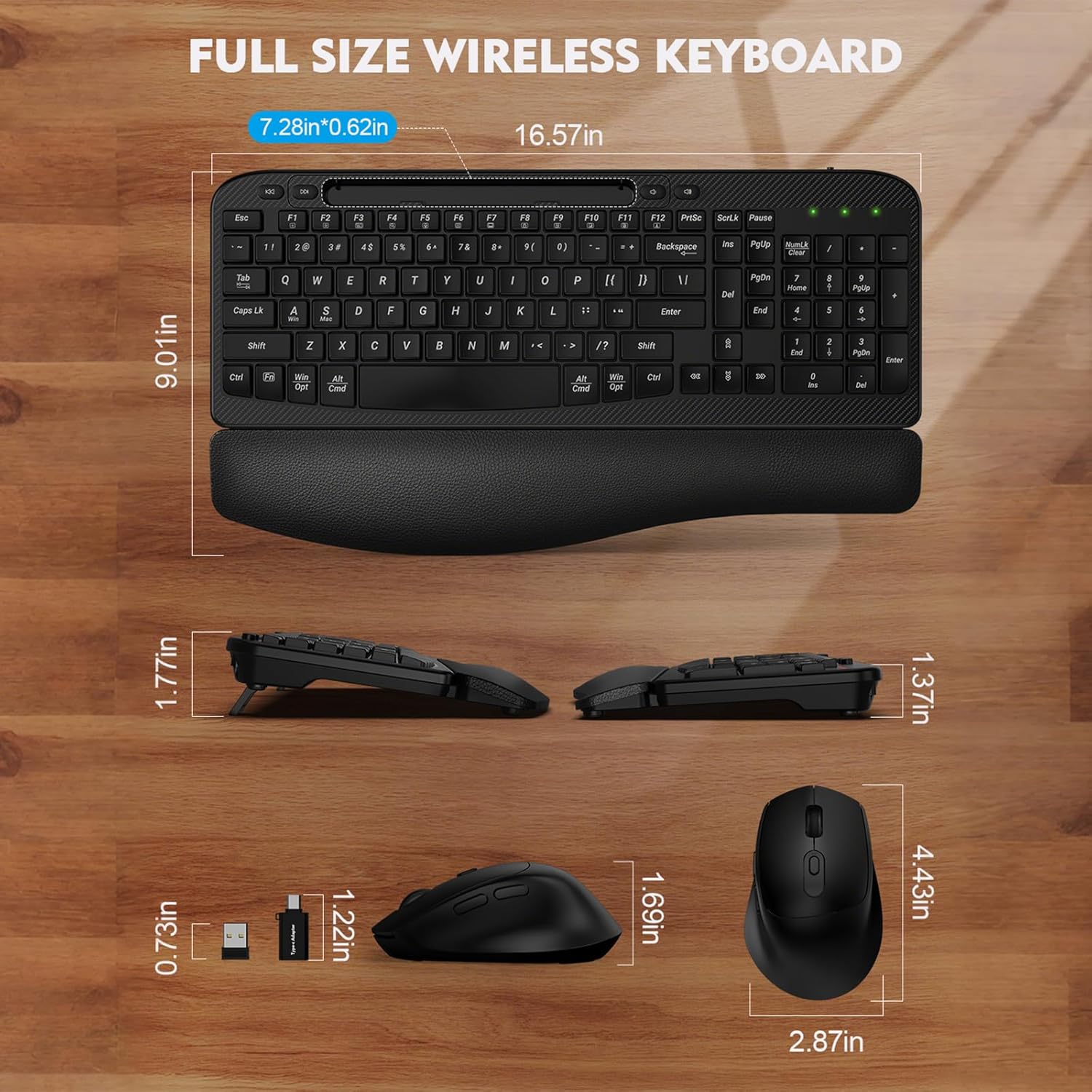 wireless keyboard and mouse combo, wave keys full sized ergonomic keyboard with cushioned plam rest, phone holder, comfortable natural typing, 2.4g cordless set for computer, laptop, pc, mac, windows