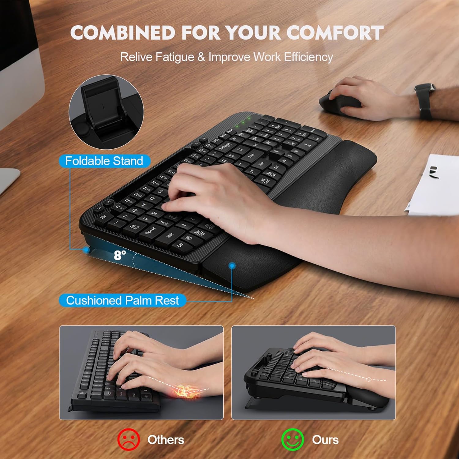 wireless keyboard and mouse combo, wave keys full sized ergonomic keyboard with cushioned plam rest, phone holder, comfortable natural typing, 2.4g cordless set for computer, laptop, pc, mac, windows