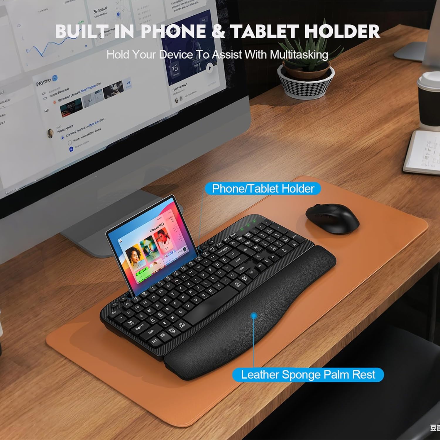 wireless keyboard and mouse combo, wave keys full sized ergonomic keyboard with cushioned plam rest, phone holder, comfortable natural typing, 2.4g cordless set for computer, laptop, pc, mac, windows