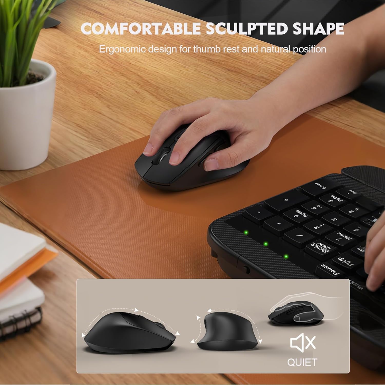 wireless keyboard and mouse combo, wave keys full sized ergonomic keyboard with cushioned plam rest, phone holder, comfortable natural typing, 2.4g cordless set for computer, laptop, pc, mac, windows