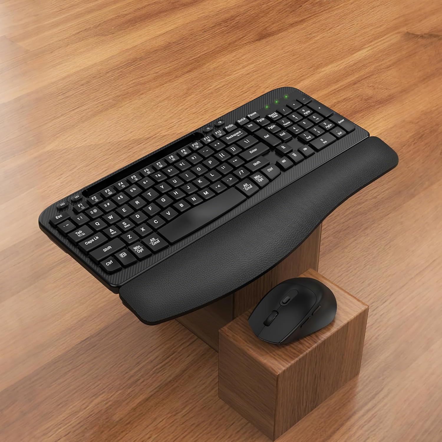 wireless keyboard and mouse combo, wave keys full sized ergonomic keyboard with cushioned plam rest, phone holder, comfortable natural typing, 2.4g cordless set for computer, laptop, pc, mac, windows