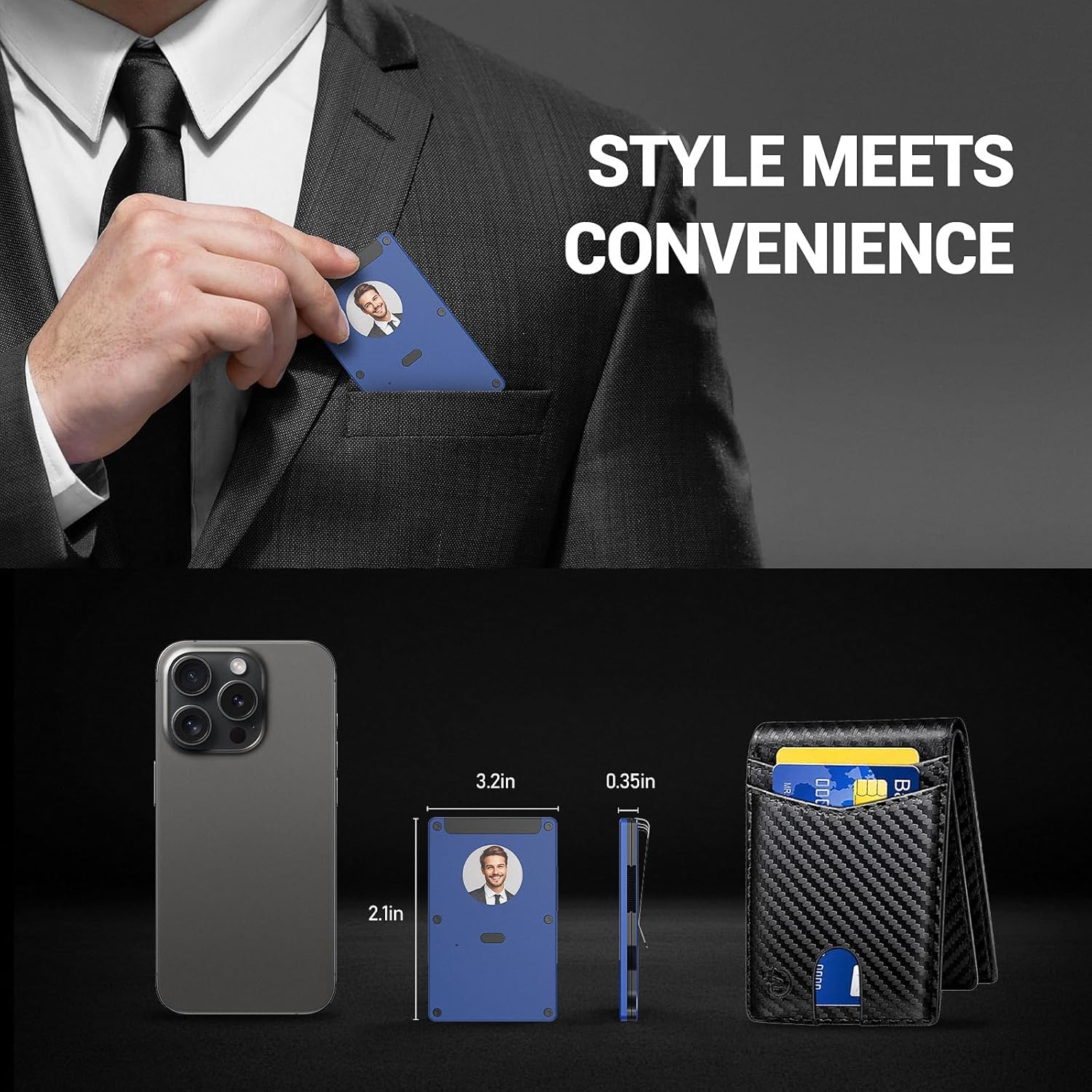 wallet with tracker for men, build in find my tracker secure wallets (ios only) with personalized electronic photo text information, slim rfid blocking credit card holder