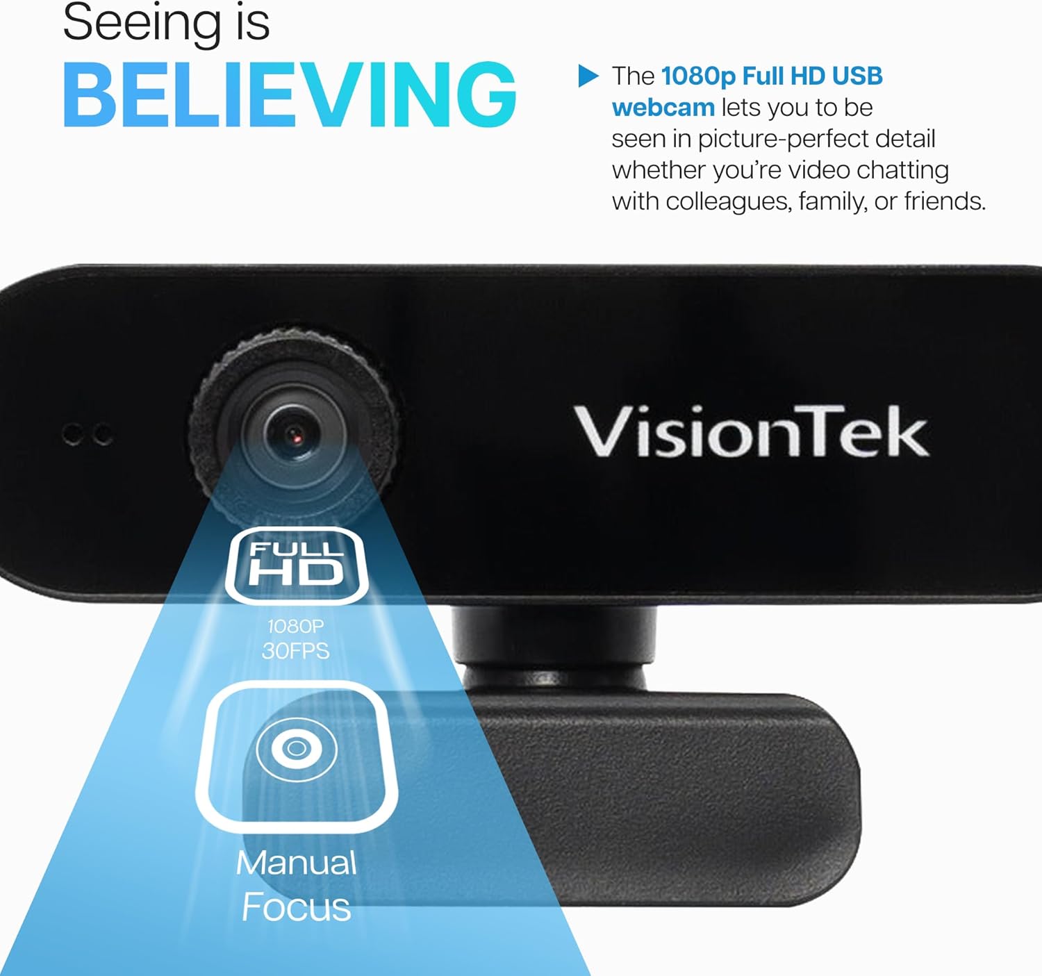 visiontek vtwc30 premium full hd (1080p 30fps) webcam, for windows, mac, linux, & chromebook with digital dual microphones, manual focus lens, privacy cover, 83 degree viewing angle