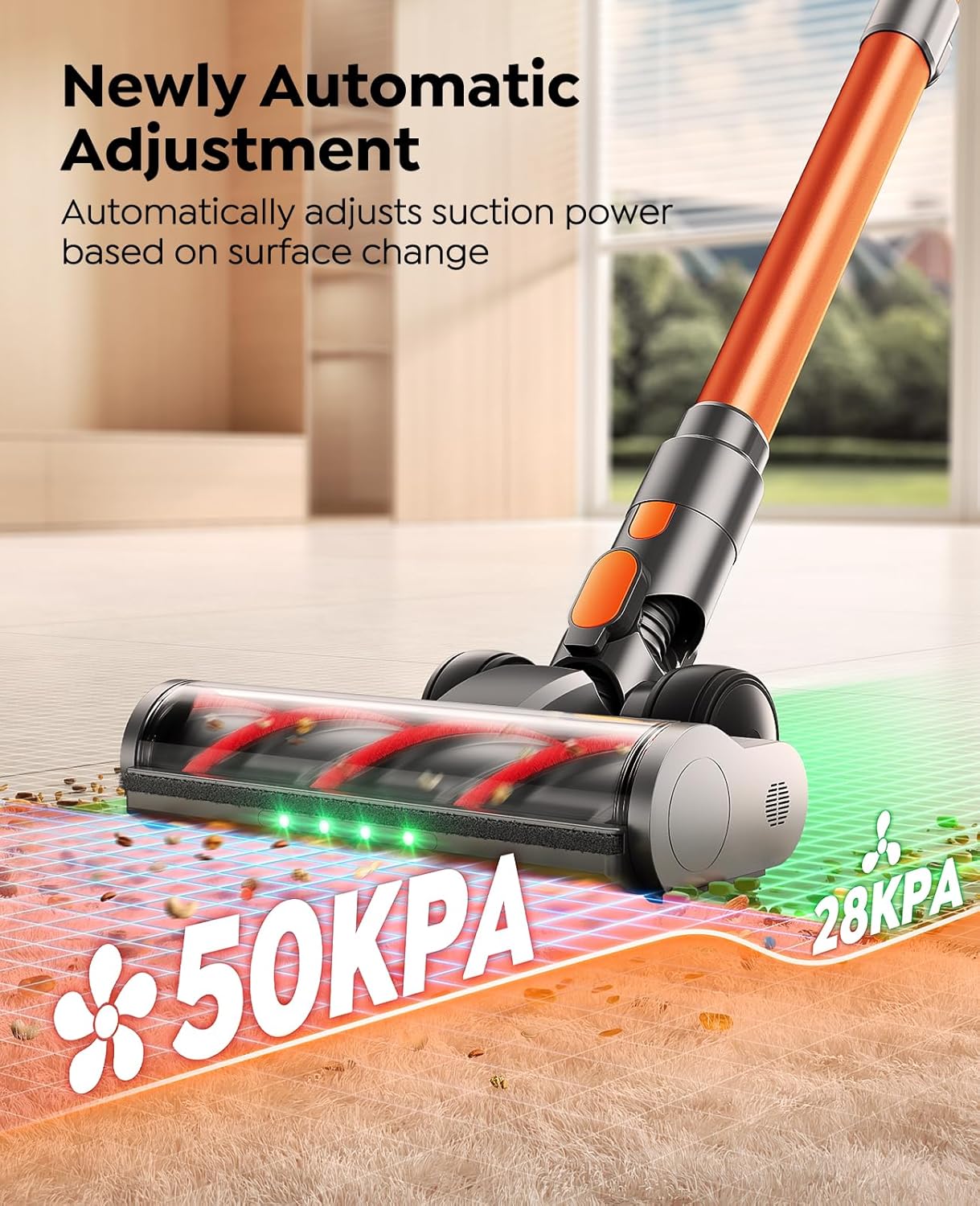 cordless vacuum cleaner, 600w/50kpa/65min runtime stick vacuum with 3.3ft hose, wall mount charging, auto mode, touchscreen, self standing vacuum cleaner for home/pet hair/carpet/car, fragrance