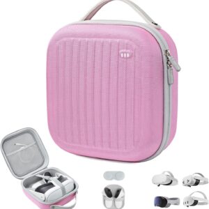 Krypthos Hard Carrying Case Compatible with Meta Quest 3S/Quest 3/Quest 2/Vision Pro, Portable VR Gaming Headset and Touch Controllers Case with Lens Protector, Suit for Travel and Home Storage (Pink)