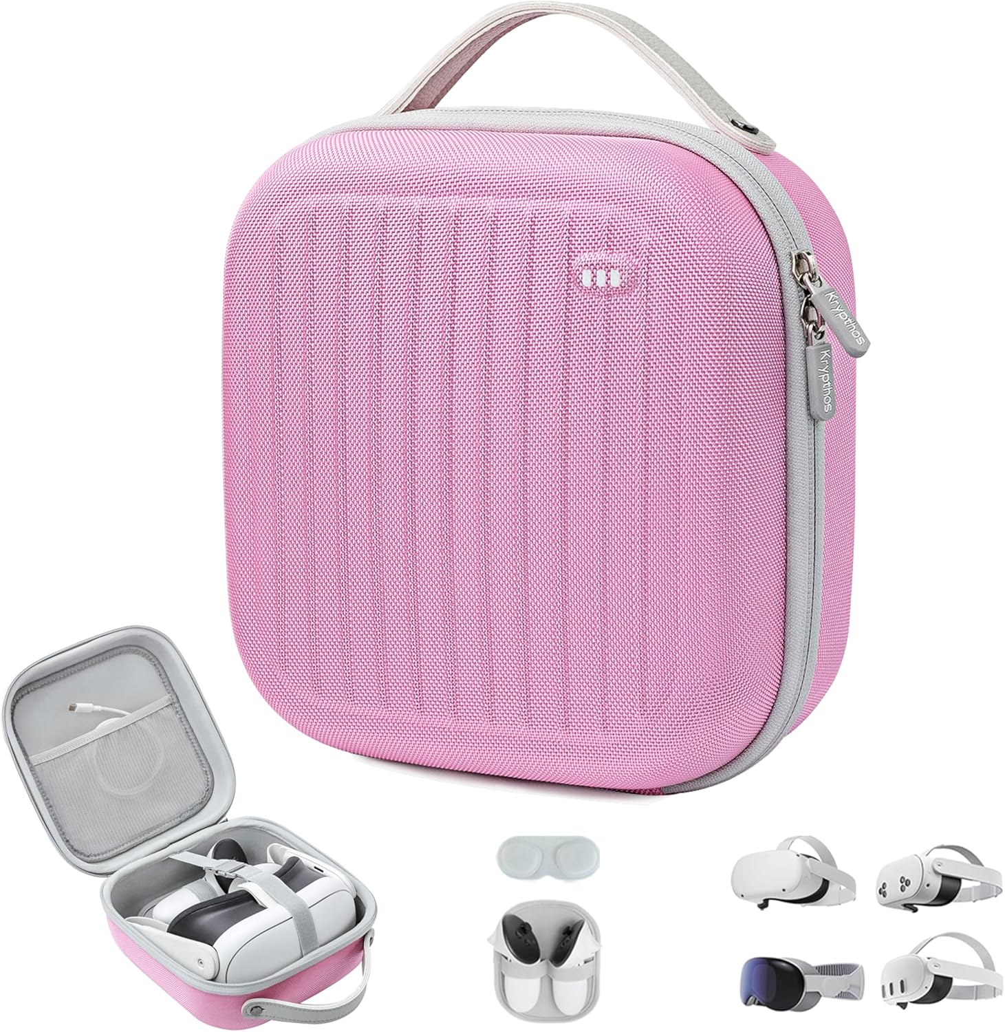 Krypthos Hard Carrying Case Compatible with Meta Quest 3S/Quest 3/Quest 2/Vision Pro, Portable VR Gaming Headset and Touch Controllers Case with Lens Protector, Suit for Travel and Home Storage (Pink)
