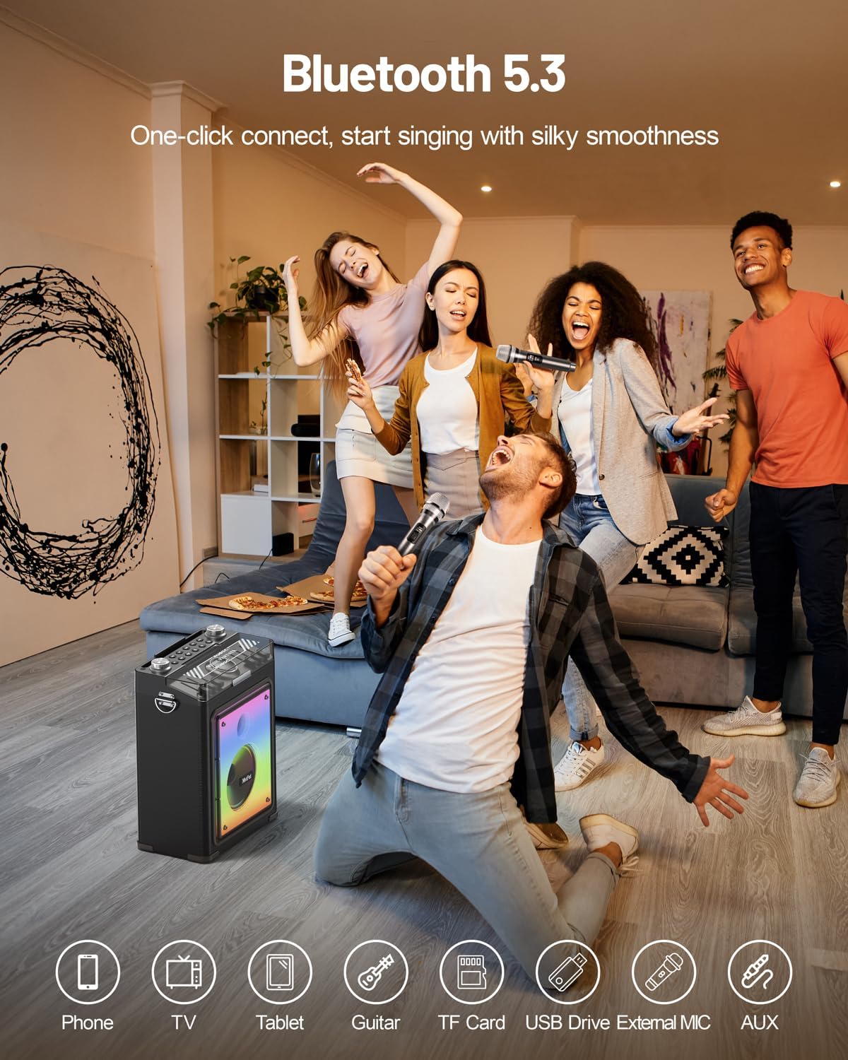 professional karaoke machine for adults with 2 wireless microphones and bluetooth 5.3, premium wooden speaker with bass and treble control for home parties & outdoor (black)