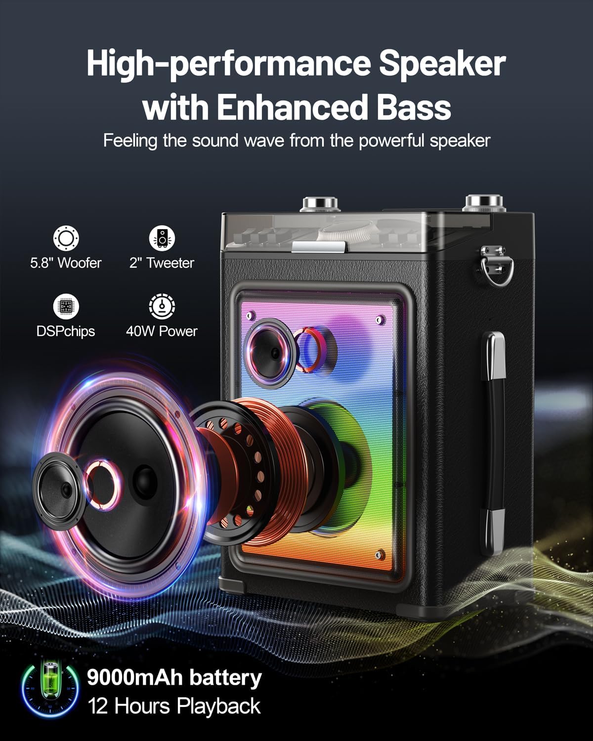 professional karaoke machine for adults with 2 wireless microphones and bluetooth 5.3, premium wooden speaker with bass and treble control for home parties & outdoor (black)