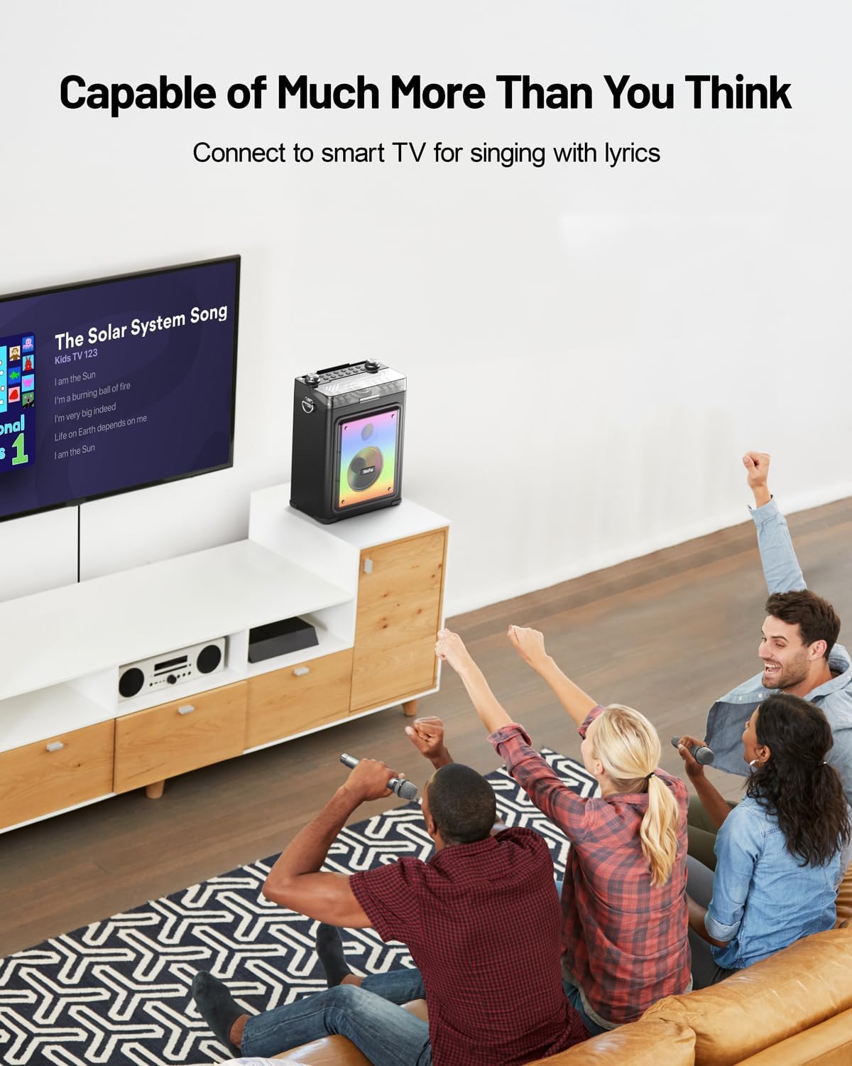 professional karaoke machine for adults with 2 wireless microphones and bluetooth 5.3, premium wooden speaker with bass and treble control for home parties & outdoor (black)