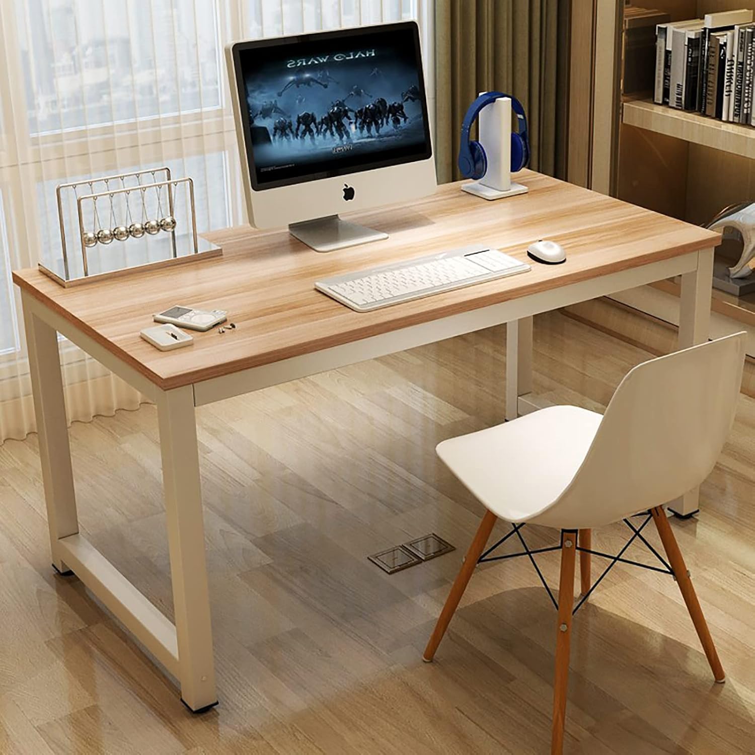 nsdirect modern computer desk 63 inch large office desk, writing study table for home office desk workstation wide metal sturdy frame thicker steel legs, white