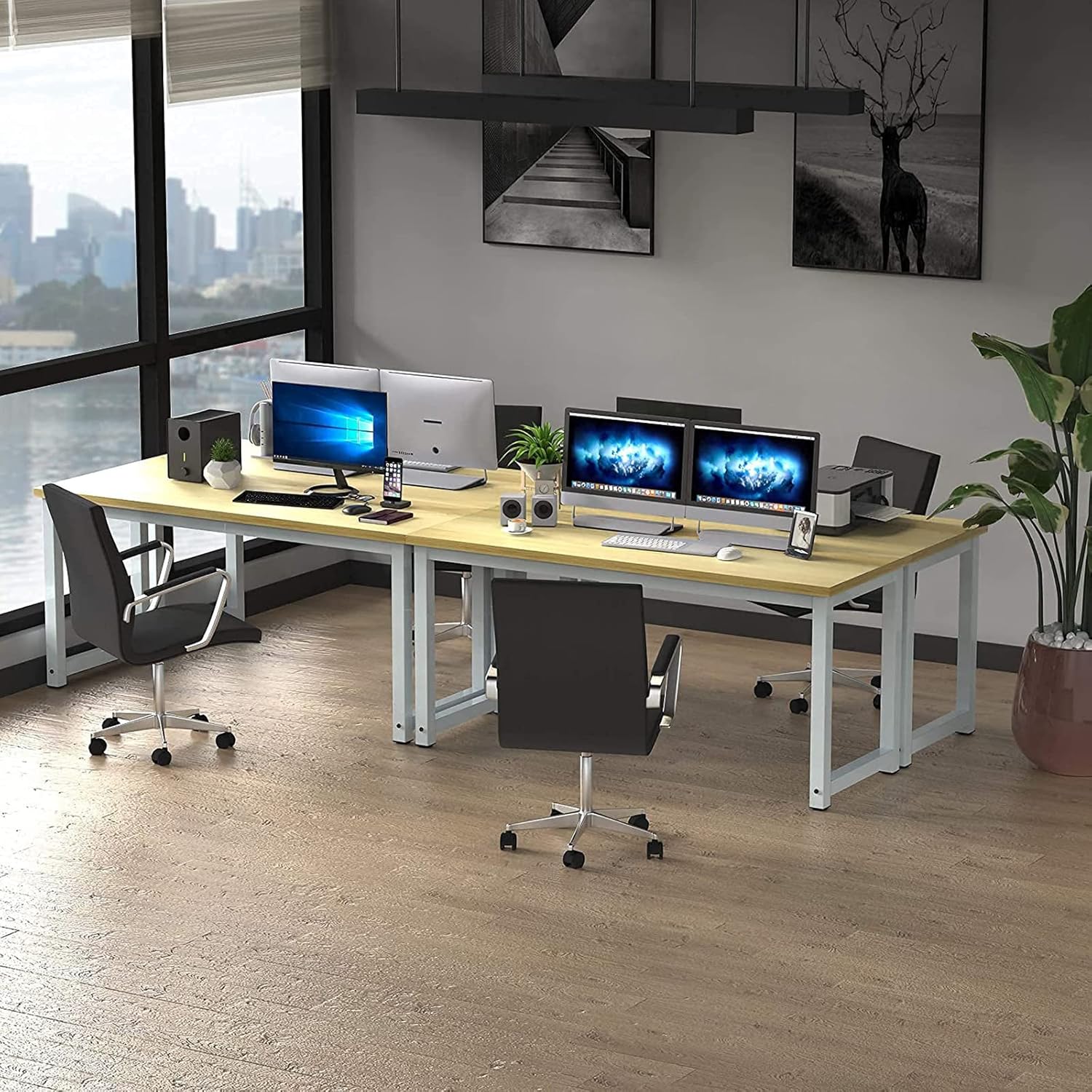nsdirect modern computer desk 63 inch large office desk, writing study table for home office desk workstation wide metal sturdy frame thicker steel legs, white