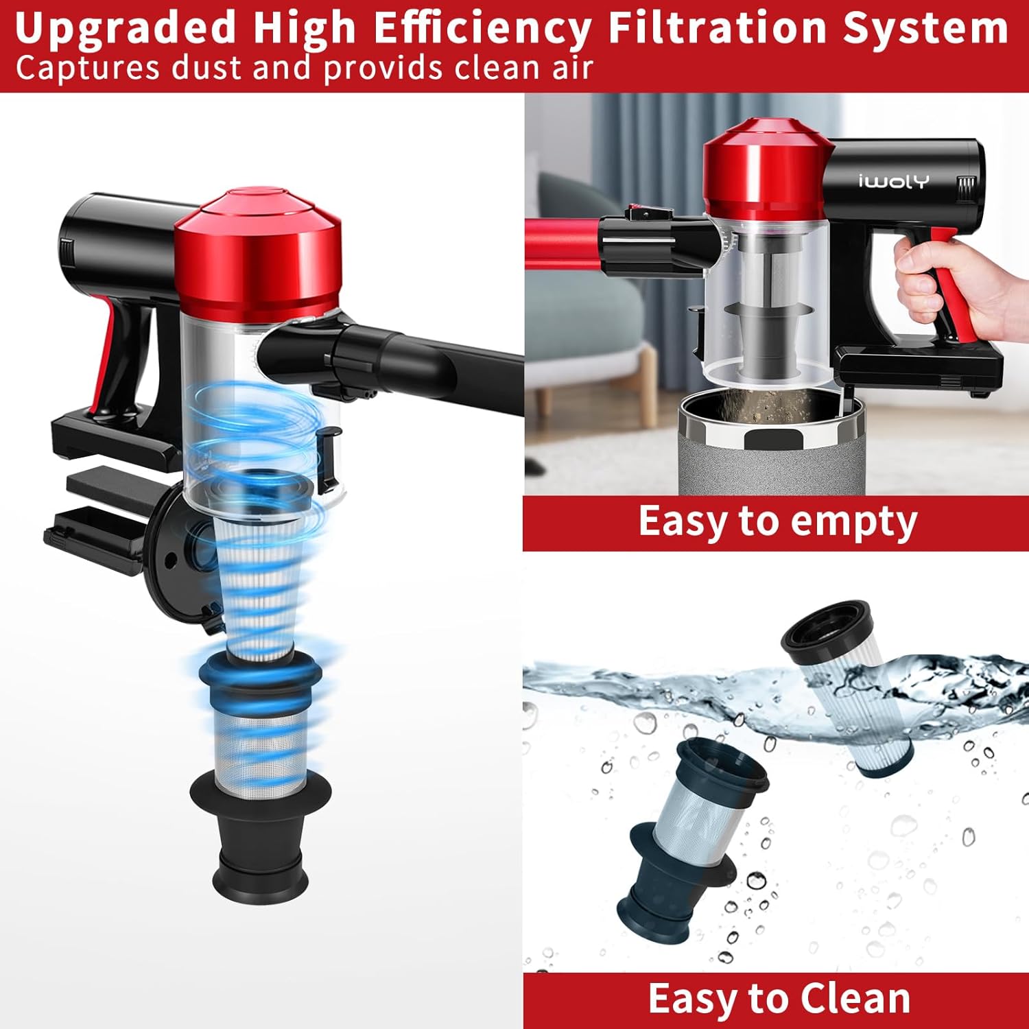 iwoly c150 cordless vacuum cleaner rechargeable with 2200mah detachable battery, 18000pa cyclone vacuum with hepa filter, lightweight portable handheld stick vacuum for hard floor car cleaning