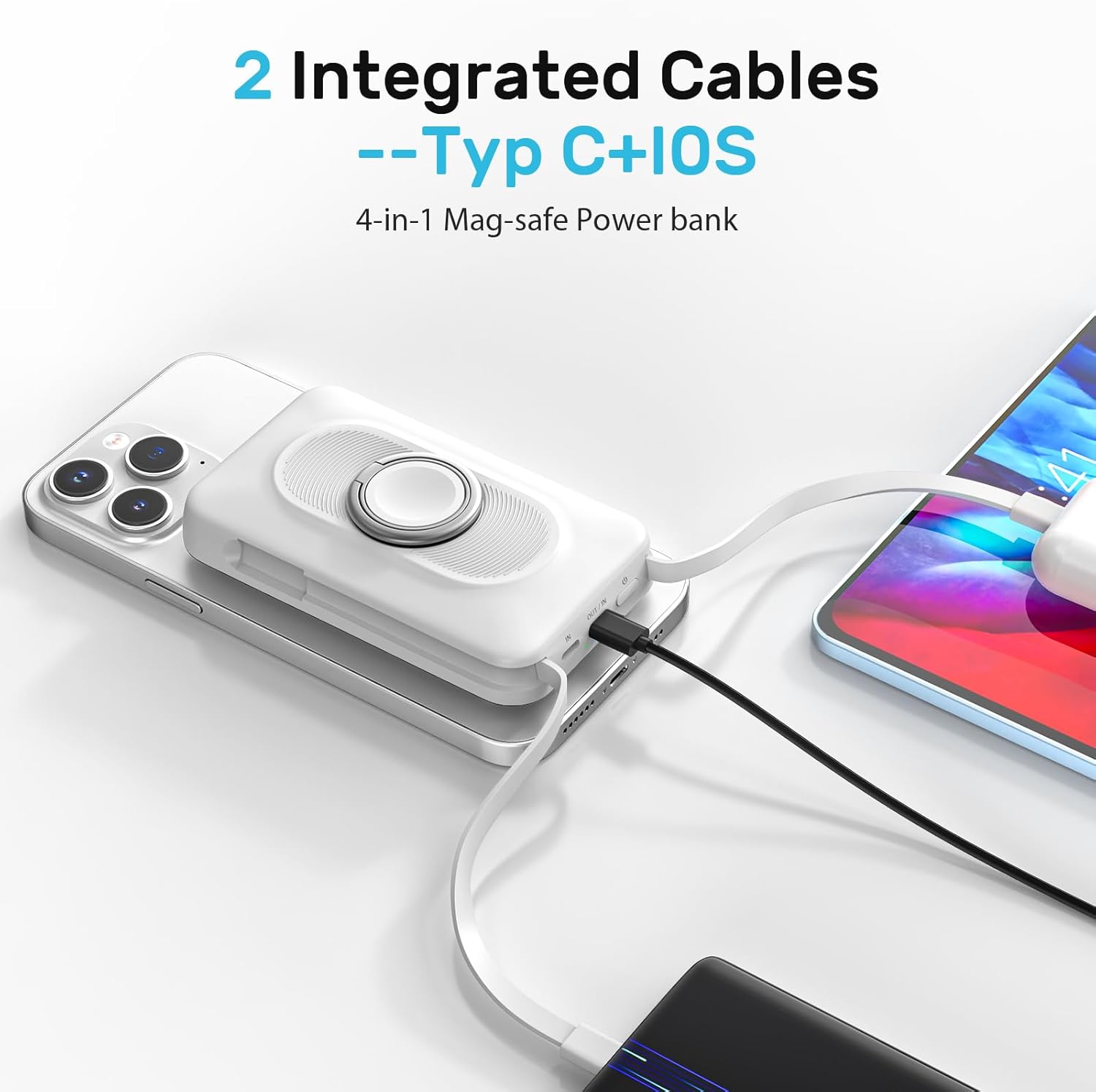 magnetic power bank 20000mah, wireless powerbank fast charging, 4 in 1 portable charger with usb c/ios cable, battery pack with stand for iphone 16 12 all series