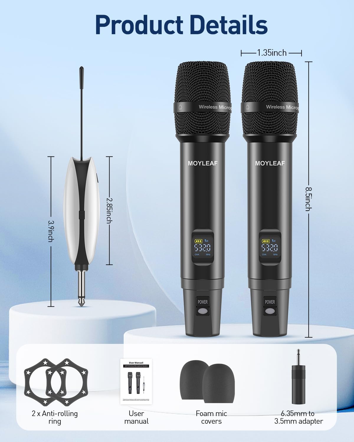 wireless microphones,metal microphone with dual professional uhf cordless dynamic system,rechargeable microphone receiver for karaoke singing, wedding,party, dj, speech, church, class use,240ft