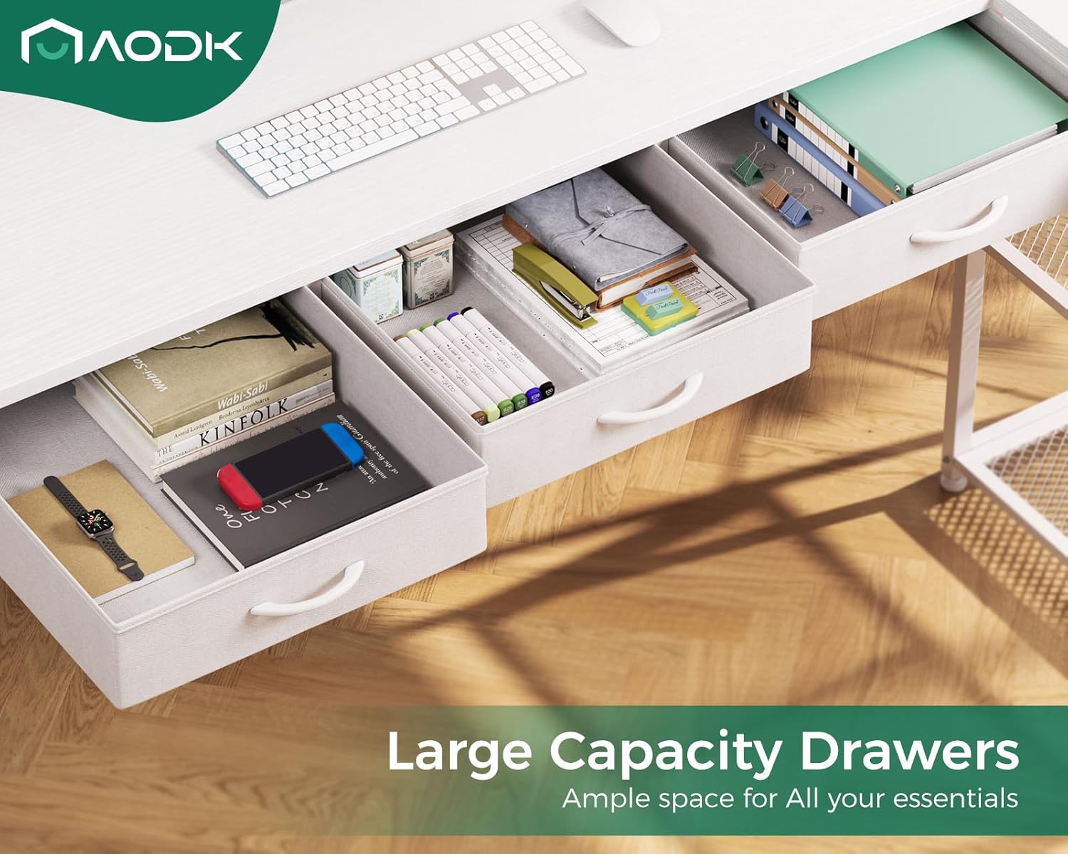 aodk 53 inch l shaped computer desk with drawers, corner desk with power outlets & reversible storage shelves, movable cpu stand for home office gaming, white