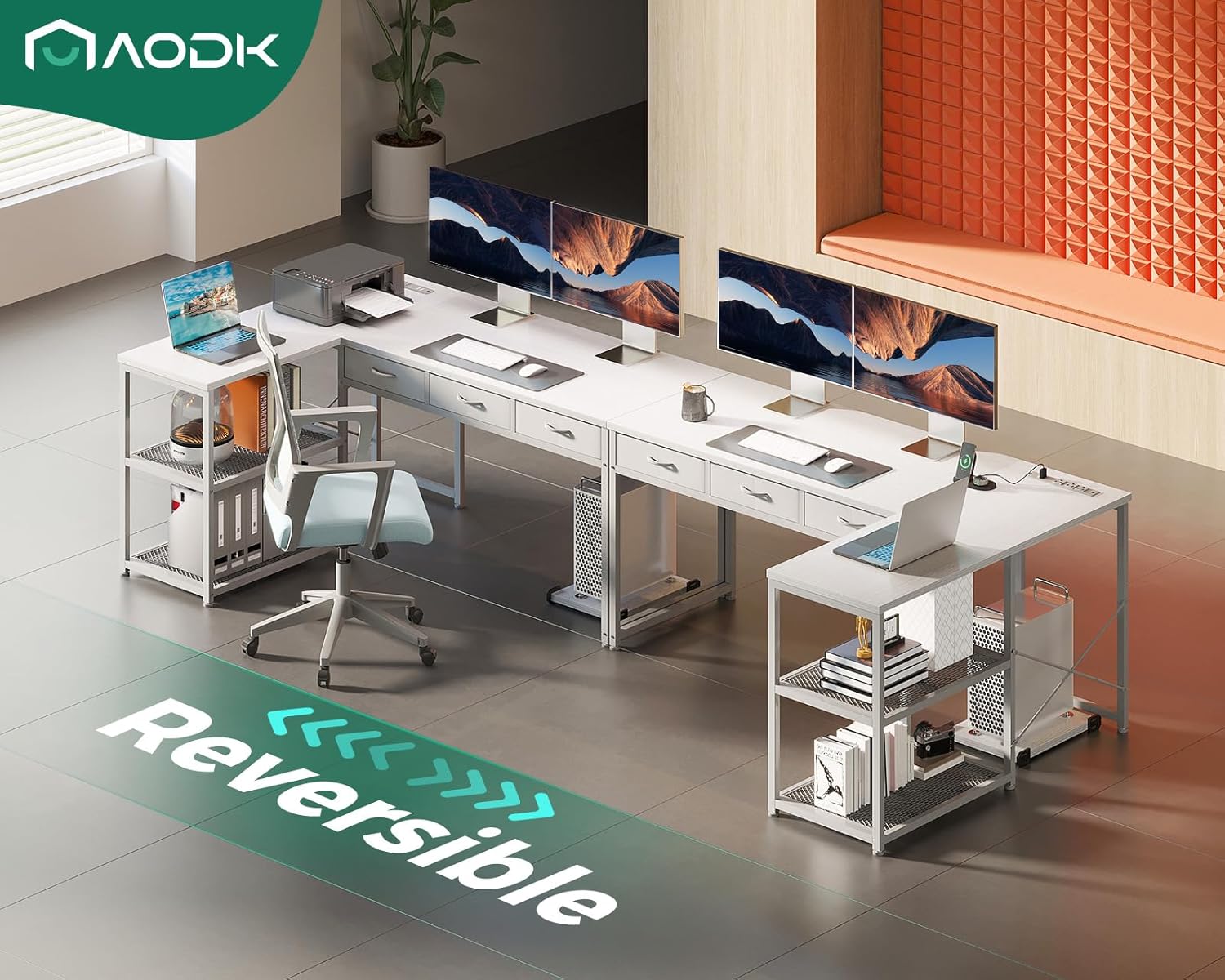 aodk 53 inch l shaped computer desk with drawers, corner desk with power outlets & reversible storage shelves, movable cpu stand for home office gaming, white