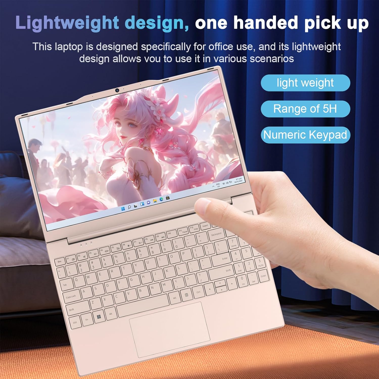 14'' student laptop computer,1080p fhd display,8gb ram,512gb ssd,n5095 cpu college student pink laptop,numeric keypad,256gb tf card,webcam, 5gwifi, hdmi,pink