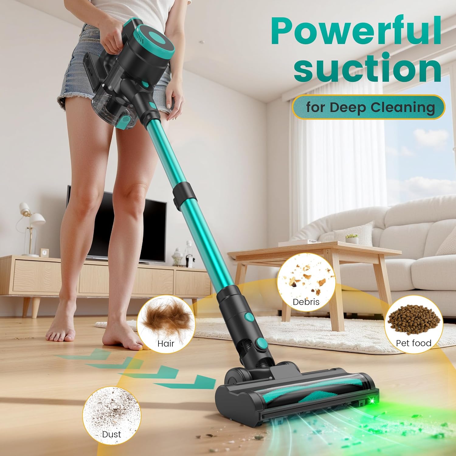 cordless vacuum cleaner, stick vacuum with powerful suction, 45mins runtime vacuum cleaners for home, anti tangle and 1.5l dust cup, 6 in 1 lightweight vacuum for hardwood floor carpet pet hair