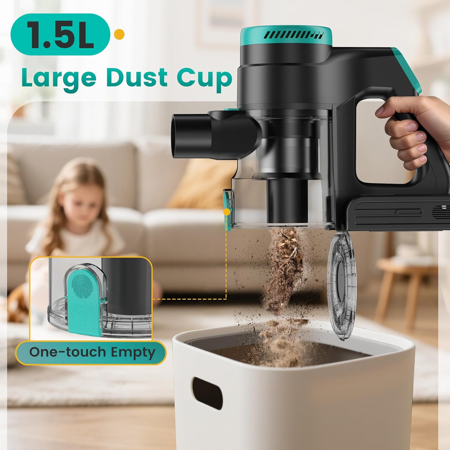 cordless vacuum cleaner, stick vacuum with powerful suction, 45mins runtime vacuum cleaners for home, anti tangle and 1.5l dust cup, 6 in 1 lightweight vacuum for hardwood floor carpet pet hair