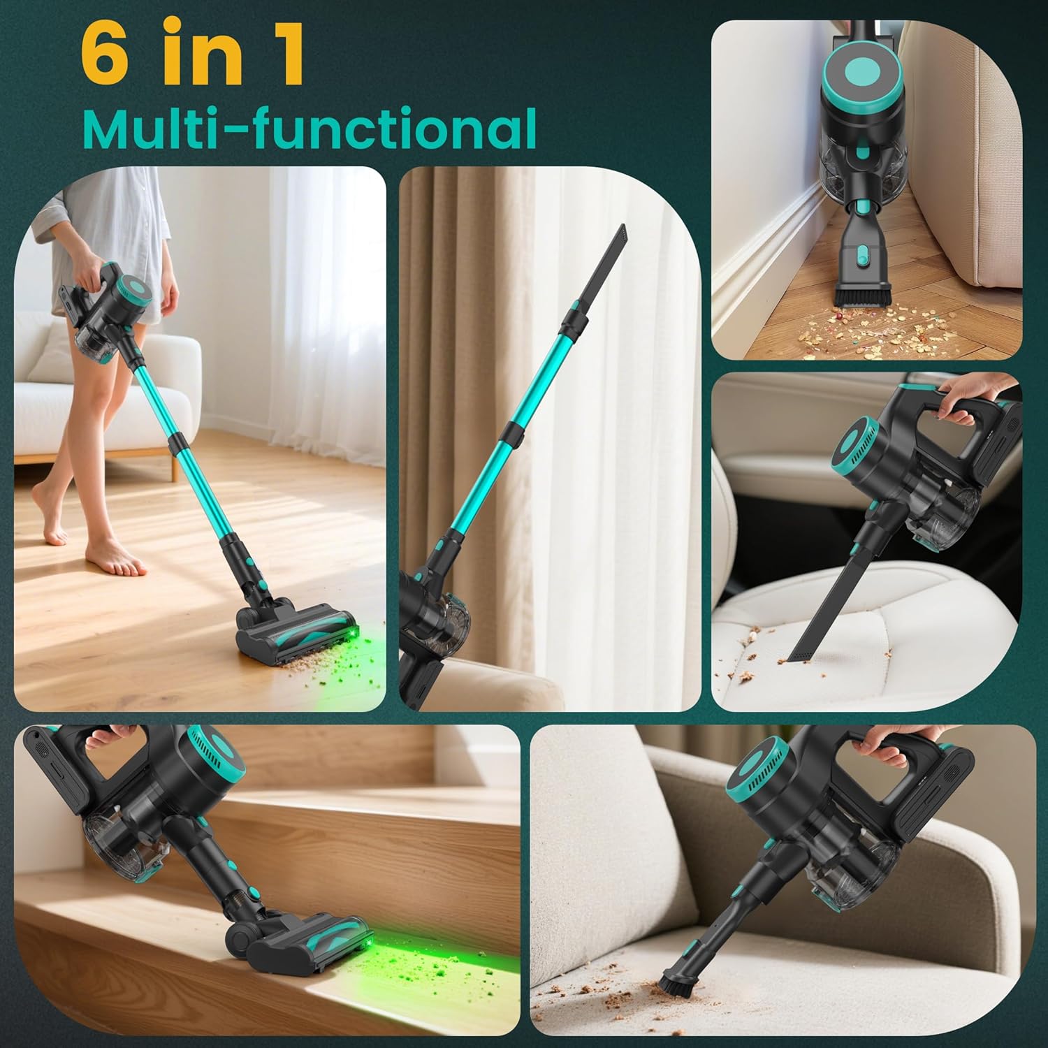 cordless vacuum cleaner, stick vacuum with powerful suction, 45mins runtime vacuum cleaners for home, anti tangle and 1.5l dust cup, 6 in 1 lightweight vacuum for hardwood floor carpet pet hair