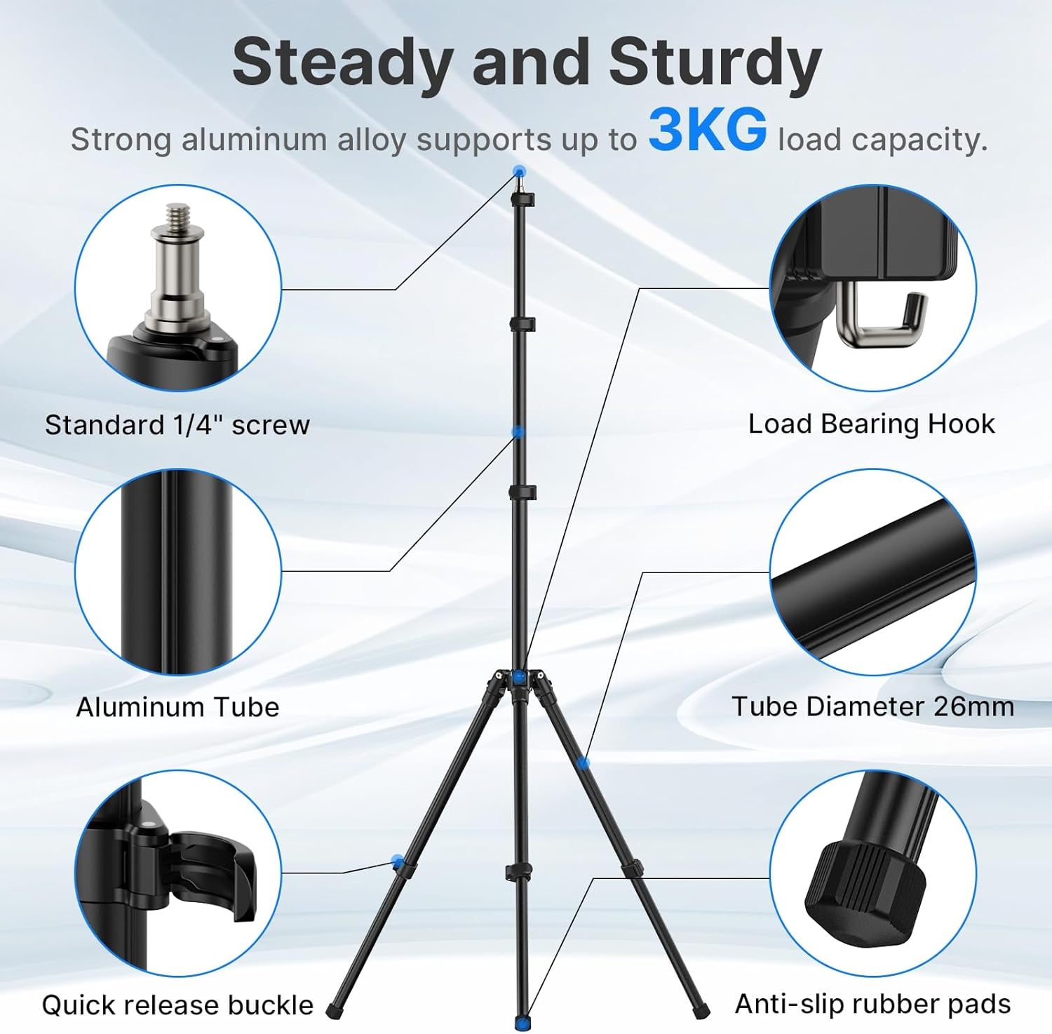 ulanzi tt43 extendable photography light stand, adjustable 6.23ft aluminum tripod, reversible portable studio lighting tripod for continute output lighting/strobe light/webcams/cameras/softbox