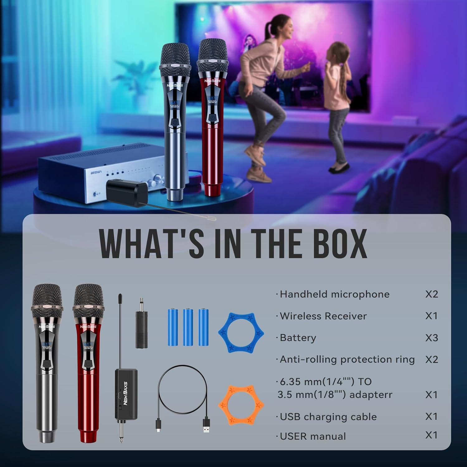 wireless microphones, dual karaoke microphone system, microfonos inalambricos with rechargeable receiver, cordless dynamic mic micro set for singing, wedding, dj, party, speech,red black