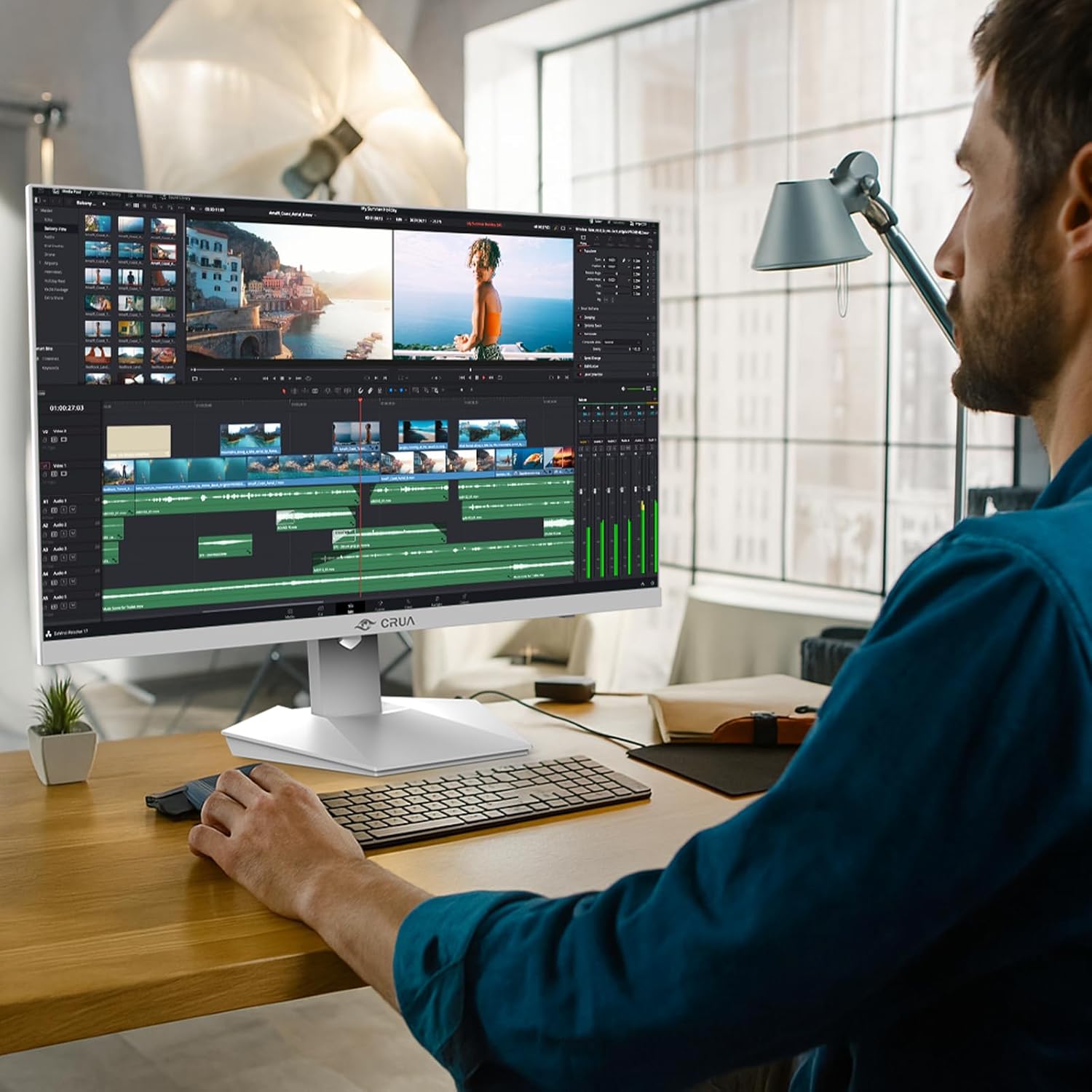 crua 27" 4k white monitor, uhd(3840x2160p) ips panel, 60hz computer monitor, supports amd freesync, usb type c, 120% srgb, built in speakers, wall mountable, for work, streaming, and home office