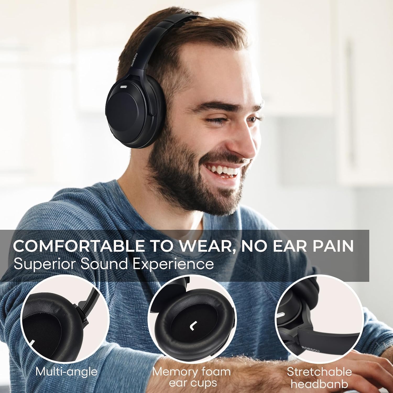 rorsou a6 hybrid active noise cancelling headphones with transparent modes, wireless over ear bluetooth headphones with mic, hifi stereo headset with low latency, memory foam ear cups, black