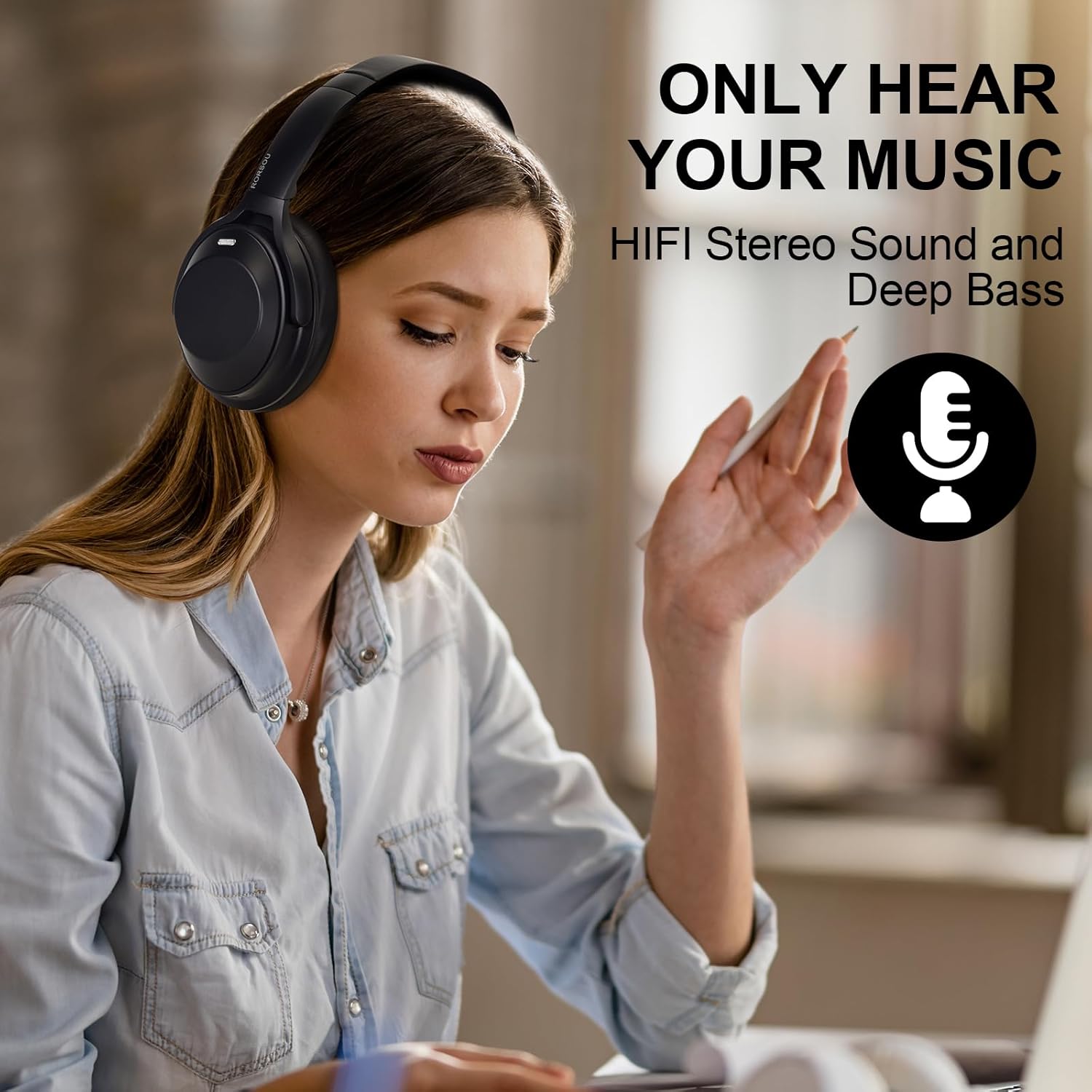 rorsou a6 hybrid active noise cancelling headphones with transparent modes, wireless over ear bluetooth headphones with mic, hifi stereo headset with low latency, memory foam ear cups, black