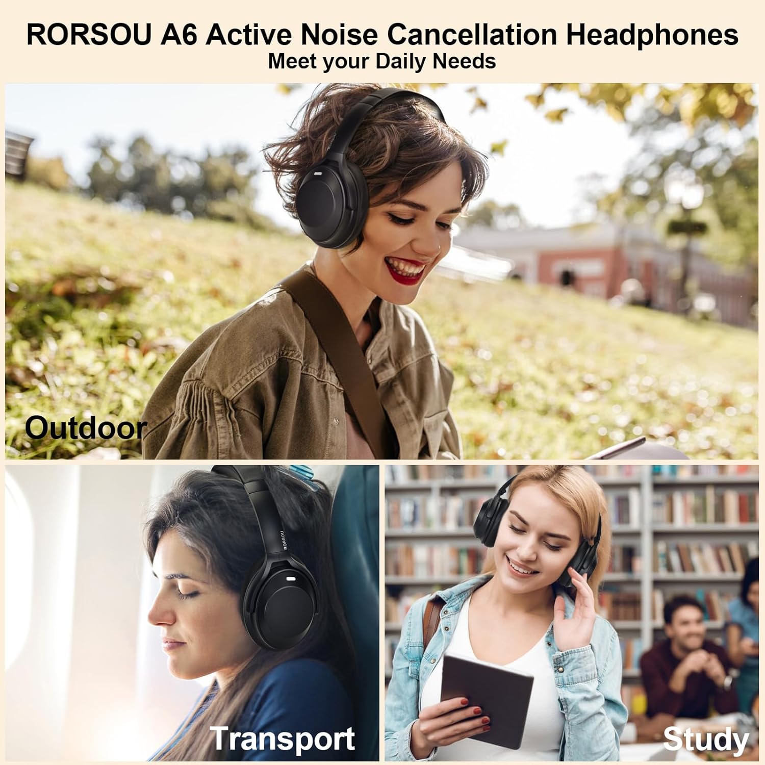 rorsou a6 hybrid active noise cancelling headphones with transparent modes, wireless over ear bluetooth headphones with mic, hifi stereo headset with low latency, memory foam ear cups, black