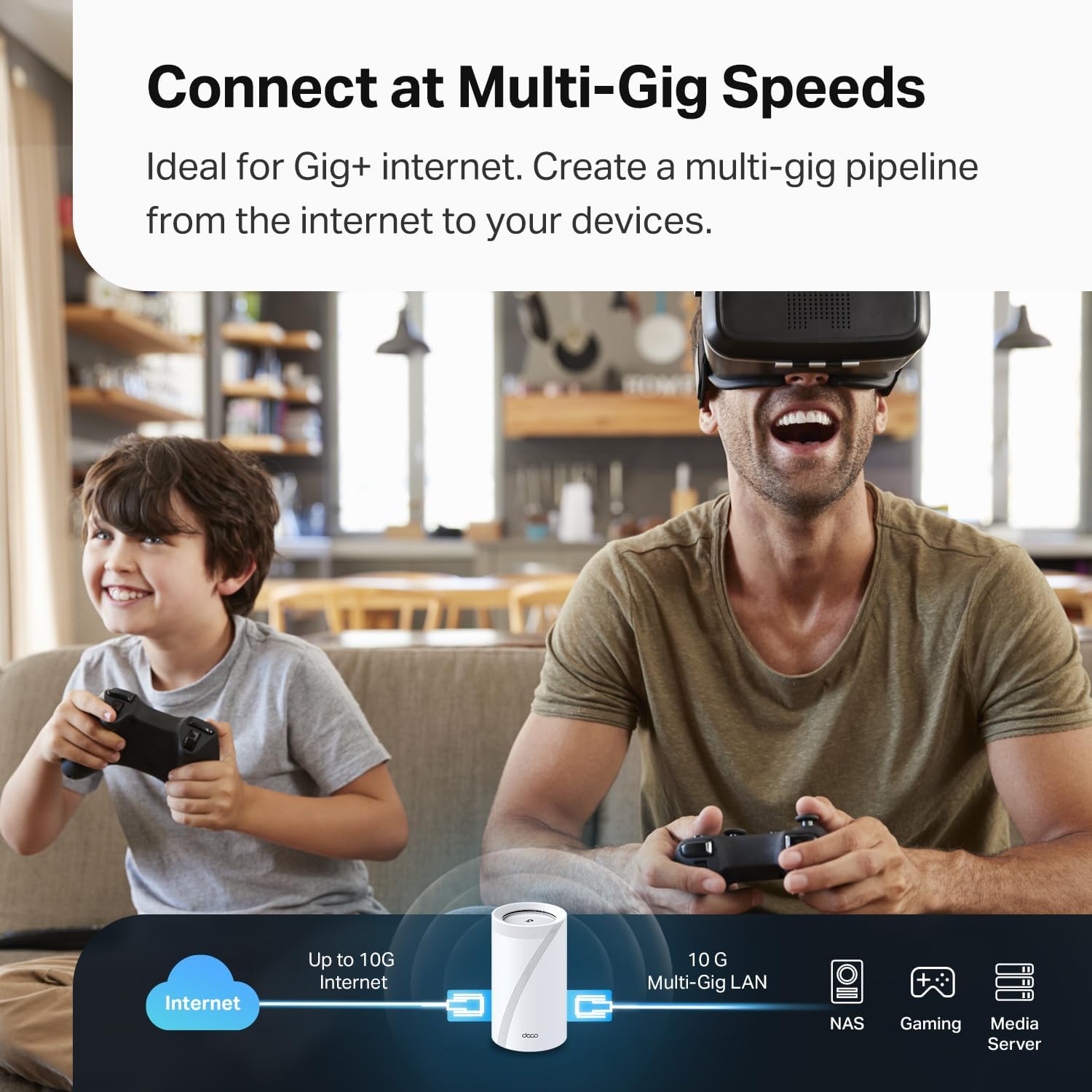tp link deco be95 quad band wifi 7 be33000 whole home mesh system 16 stream, 2x 10g + 2x 2.5g ports wired backhaul, 12x high gain antennas, vpn, ai roaming, 4x4 mu mimo, homeshield (1 pack)