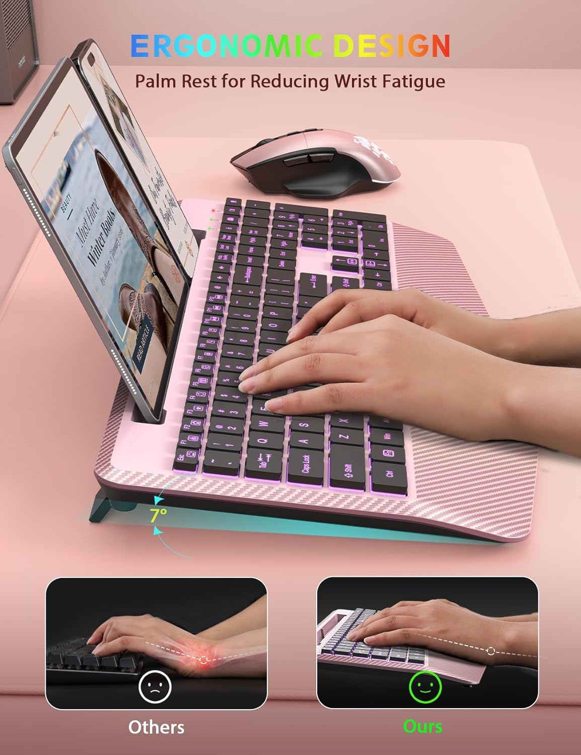 wireless keyboard and mouse backlits, wrist rest, led mouse, rechargeable ergonomic keyboard with phone holder, silent light up combo for computer, mac, pc, laptop, chromebook (rose gold)