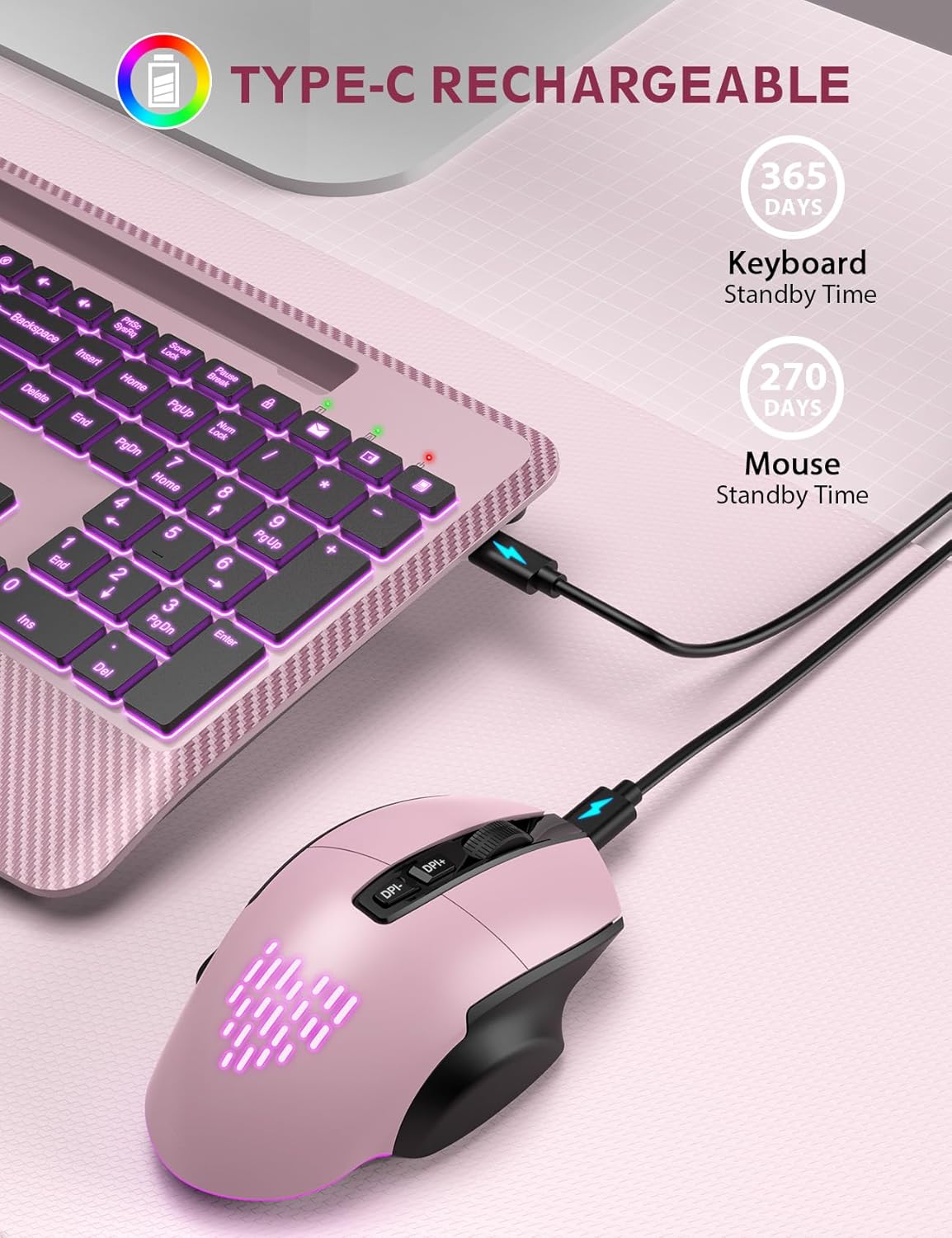 wireless keyboard and mouse backlits, wrist rest, led mouse, rechargeable ergonomic keyboard with phone holder, silent light up combo for computer, mac, pc, laptop, chromebook (rose gold)