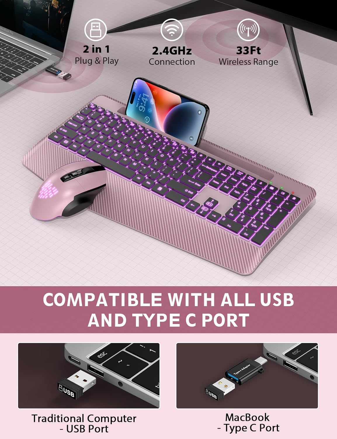 wireless keyboard and mouse backlits, wrist rest, led mouse, rechargeable ergonomic keyboard with phone holder, silent light up combo for computer, mac, pc, laptop, chromebook (rose gold)