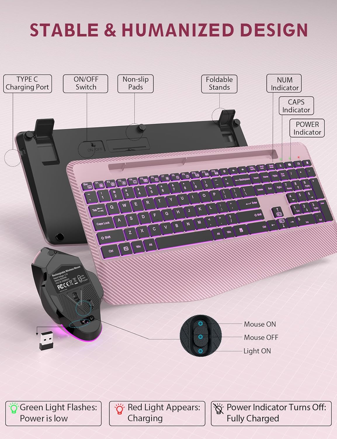 wireless keyboard and mouse backlits, wrist rest, led mouse, rechargeable ergonomic keyboard with phone holder, silent light up combo for computer, mac, pc, laptop, chromebook (rose gold)