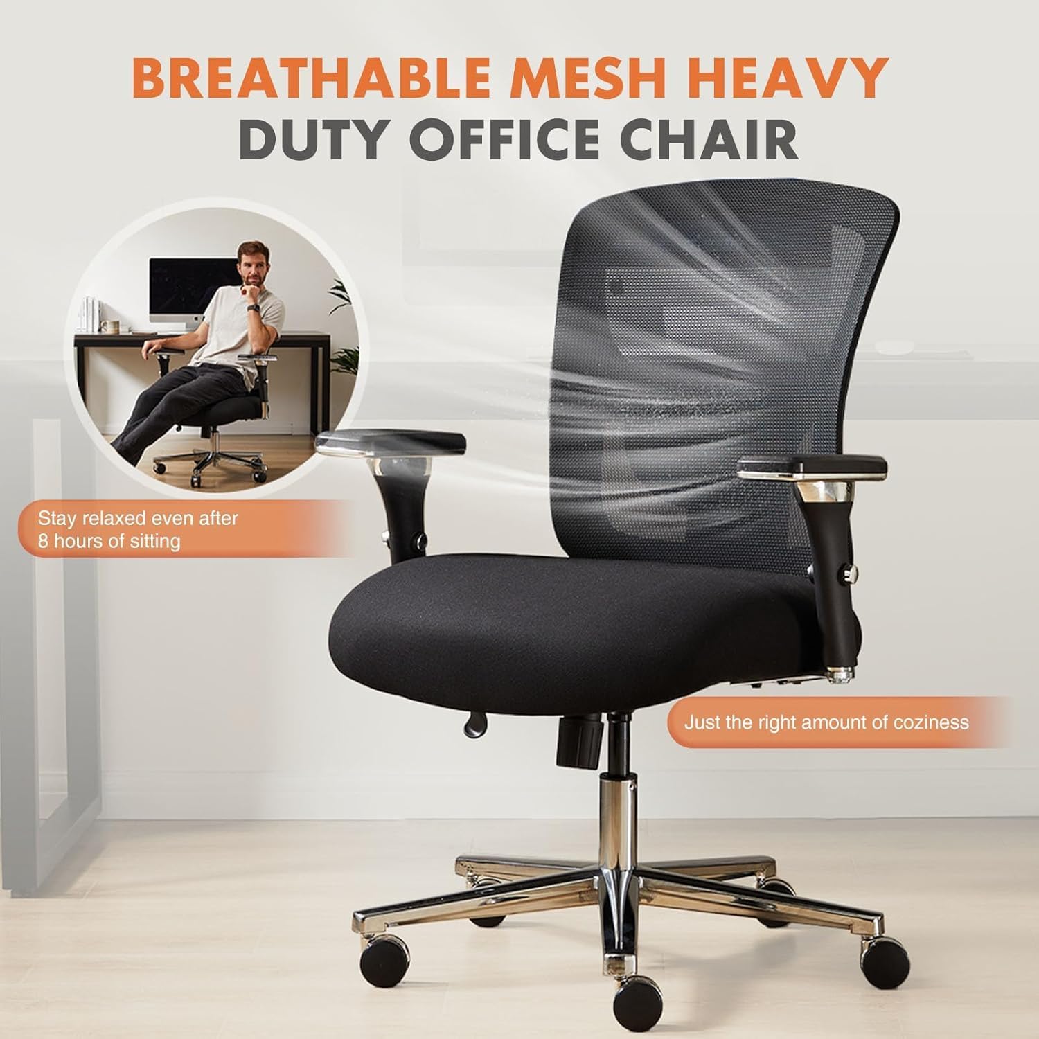 sweetcrispy big and tall office desk chair with lumbar support, 500lbs heavy duty mesh ergonomic computer chair with 4d armrest and wide comfy seat, wheels for adult