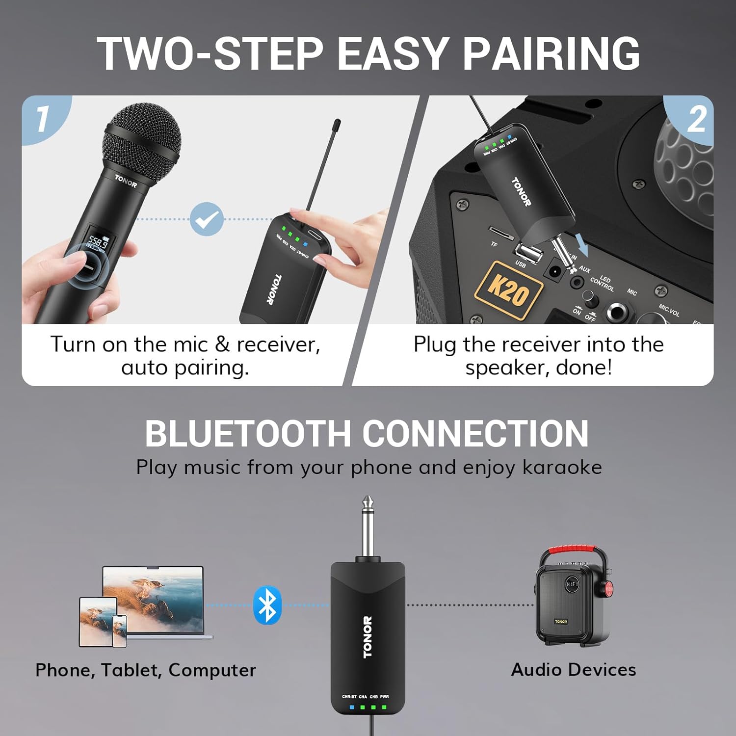 tonor rechargeable wireless microphones, metal bluetooth handheld cordless mic system with receiver, 2x25 uhf professional dynamic mic for karaoke, church, singing, wedding, meeting, dj, 328ft tw720