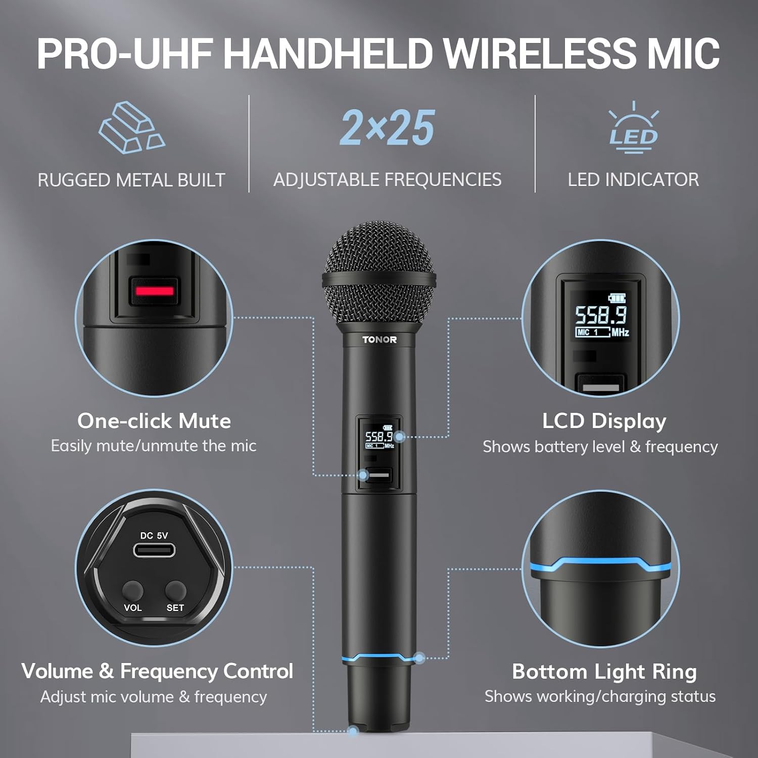 tonor rechargeable wireless microphones, metal bluetooth handheld cordless mic system with receiver, 2x25 uhf professional dynamic mic for karaoke, church, singing, wedding, meeting, dj, 328ft tw720