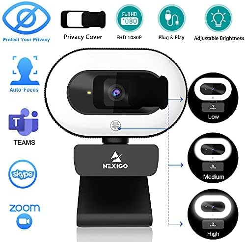 nexigo streamcam n930e with software, 1080p webcam with ring light and privacy cover, auto focus, plug and play, web camera for online learning, zoom meeting skype teams, pc mac laptop desktop