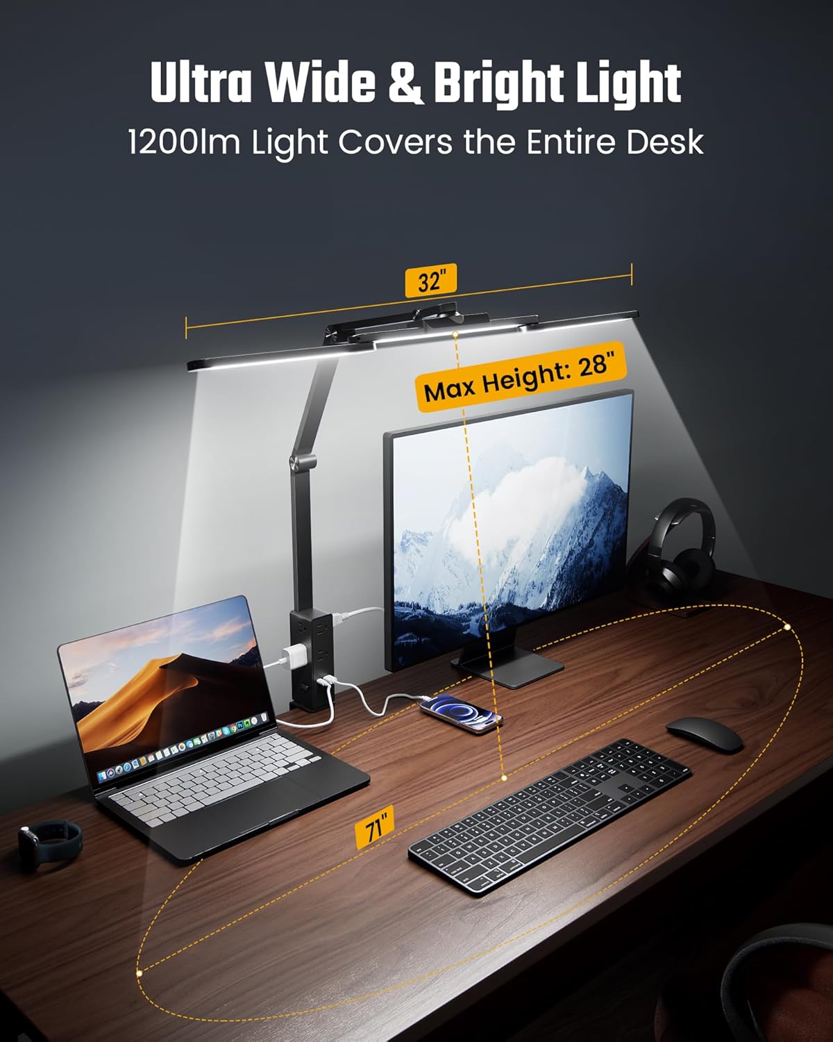 superdanny led desk lamp with power strip (6 outlets, 1 usb, 1 type c) for home office, desk light computer light with clamp, architect desk lamp with smooth dimming 5 colors touch & wave control