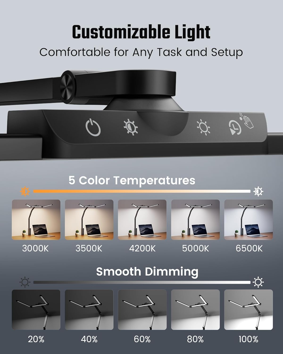 superdanny led desk lamp with power strip (6 outlets, 1 usb, 1 type c) for home office, desk light computer light with clamp, architect desk lamp with smooth dimming 5 colors touch & wave control