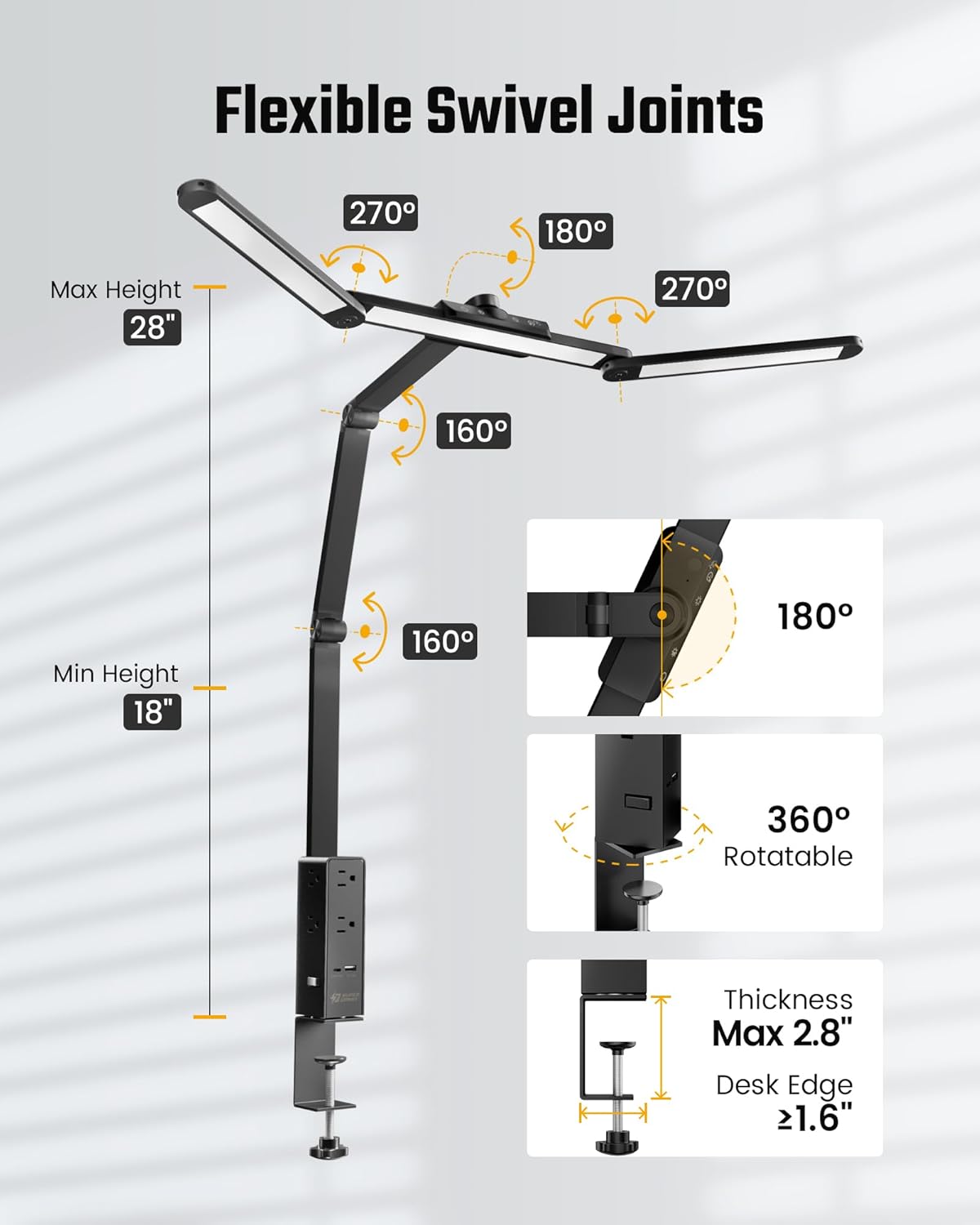 superdanny led desk lamp with power strip (6 outlets, 1 usb, 1 type c) for home office, desk light computer light with clamp, architect desk lamp with smooth dimming 5 colors touch & wave control