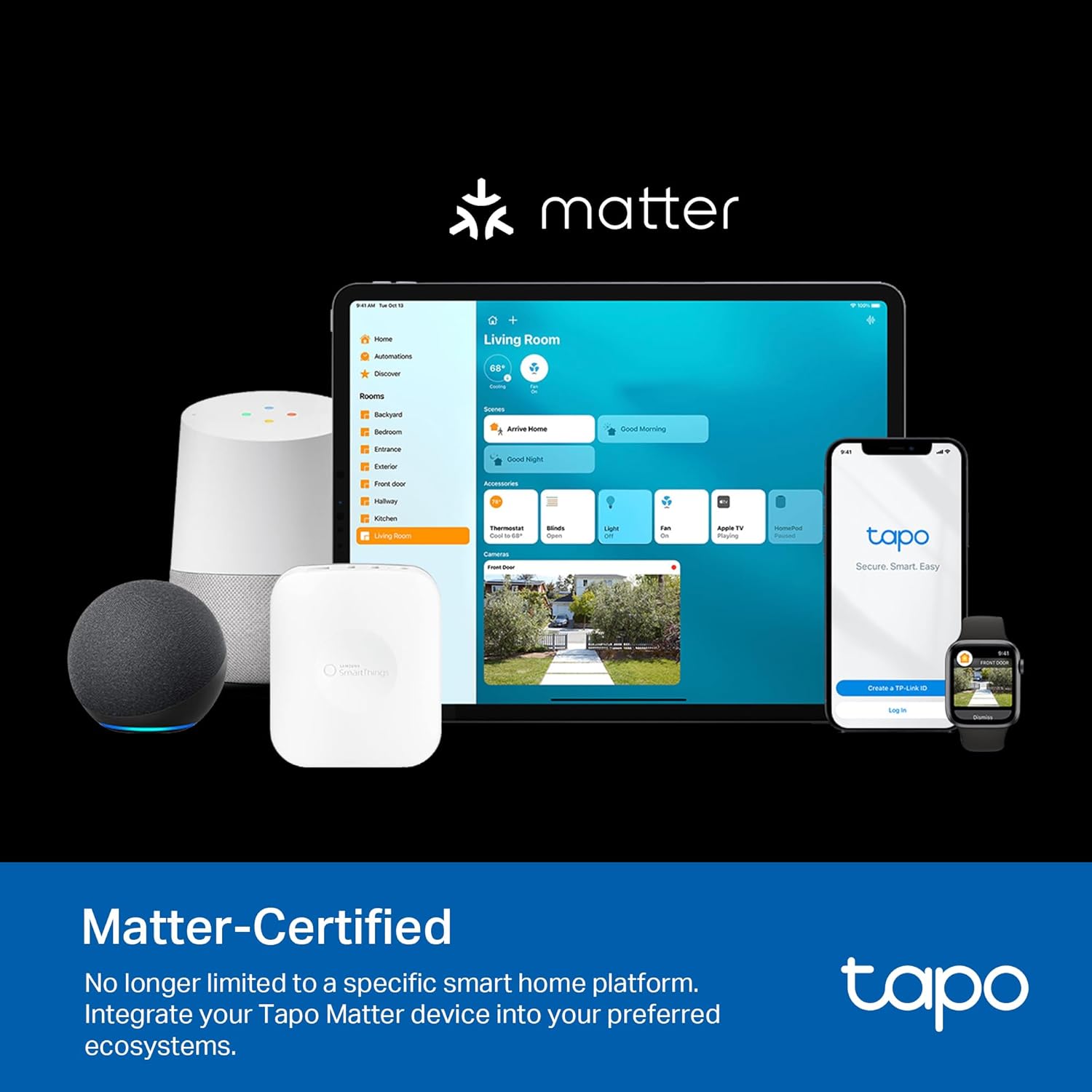 tp link tapo matter outdoor smart plug, 2 individual outlets, ip65 weather resistance, works with apple home, alexa, google home, long wi fi range, 2.4g wi fi only, etl certified(tapo p400m)