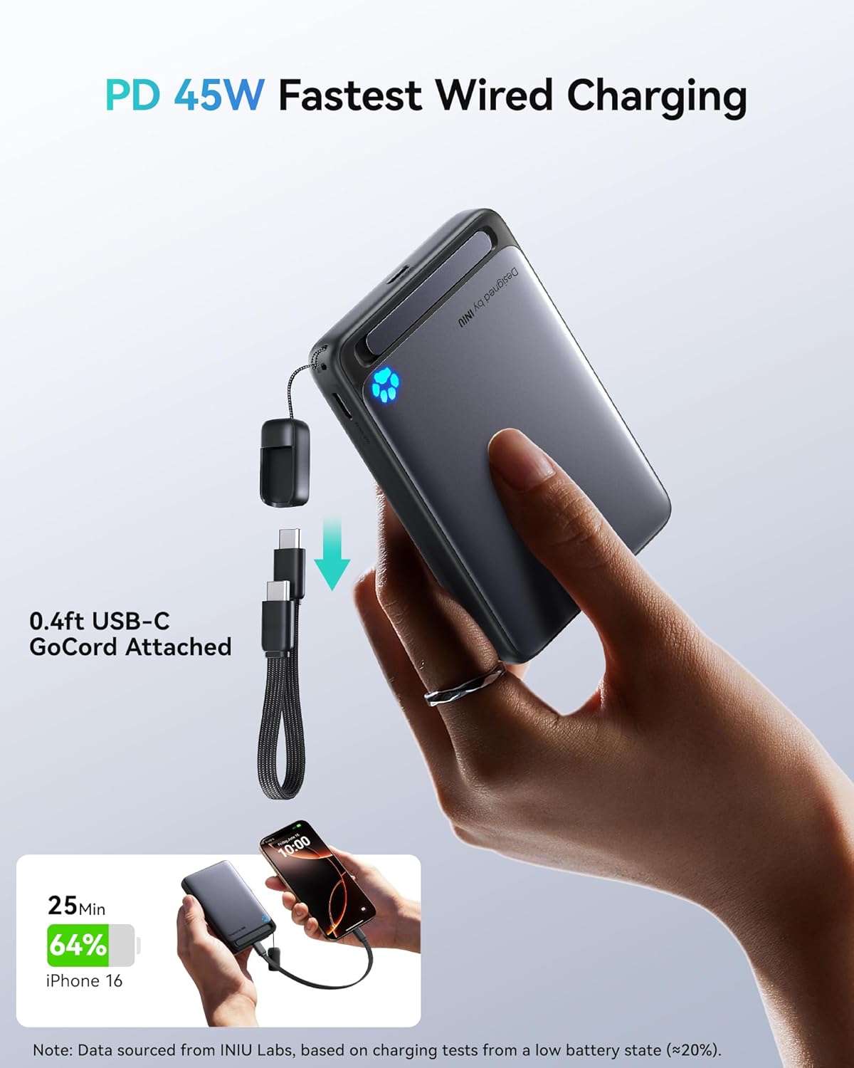 iniu for magsafe portable charger, qi2 certified, slimmest 45w 10000mah magnetic power bank, with usb c cable & stand, fast charging magsafe compatible battery pack for iphone 17 16 15 14 13 12 only