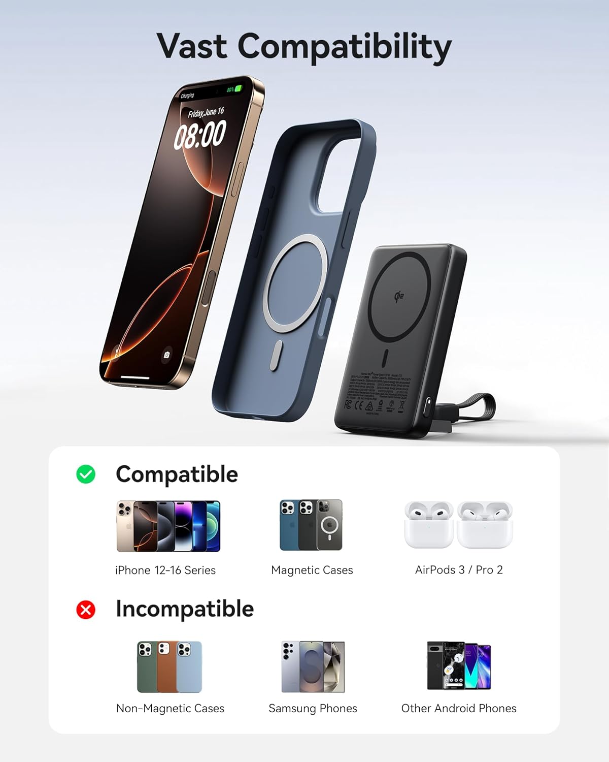 iniu for magsafe portable charger, qi2 certified, slimmest 45w 10000mah magnetic power bank, with usb c cable & stand, fast charging magsafe compatible battery pack for iphone 17 16 15 14 13 12 only