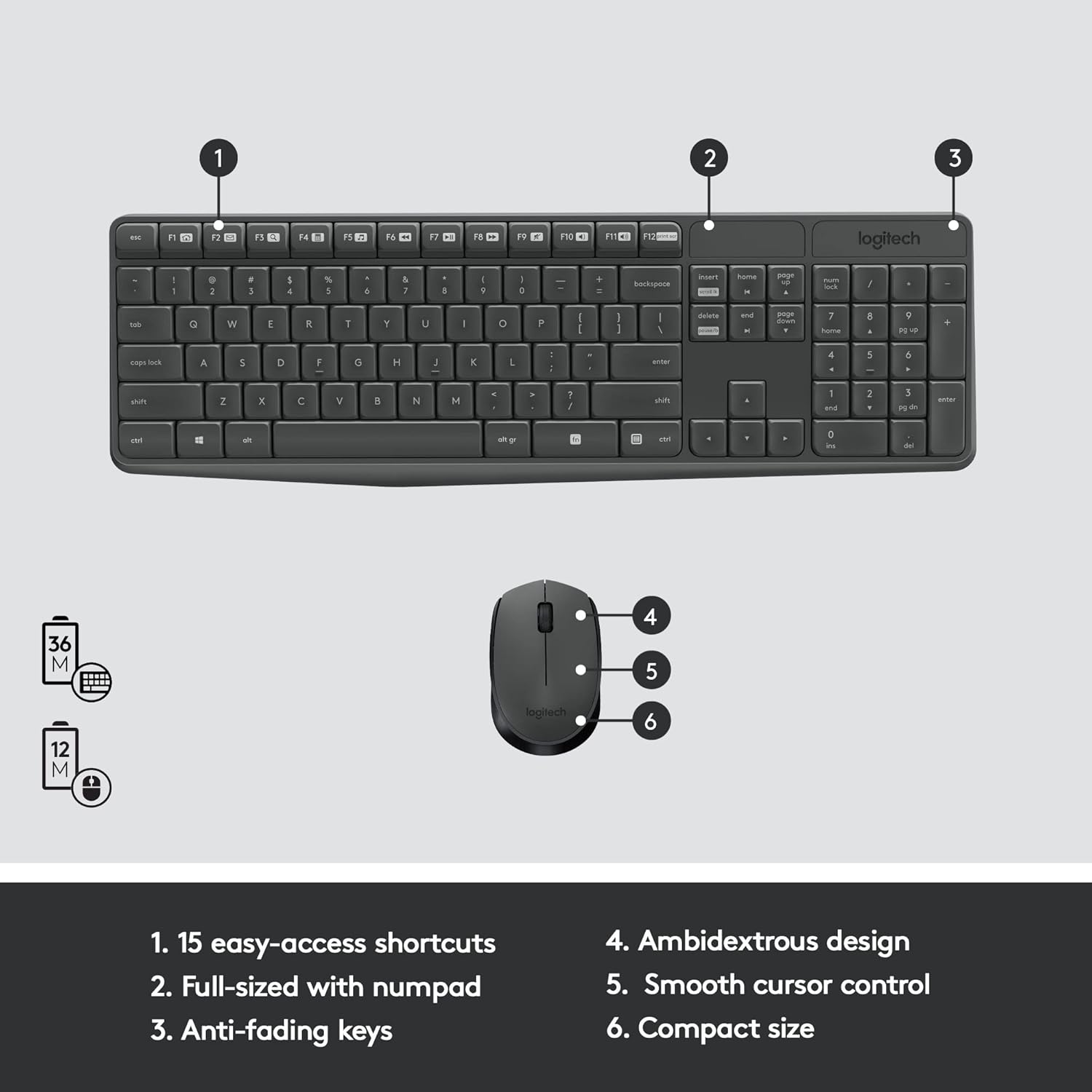 logitech mk235 wireless keyboard and mouse combo for windows, usb receiver, long battery life, laptop and pc keyboard and mouse wireless