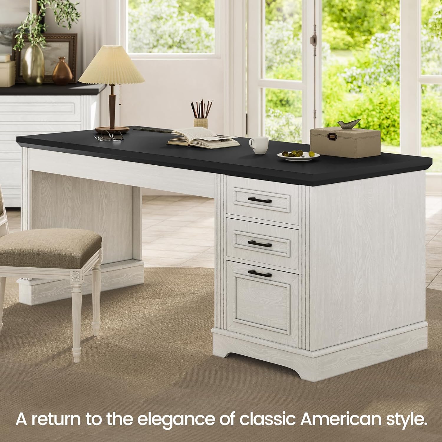 itaar farmhouse 55" executive desk, computer desk with storage drawers and power outlet, home office desk, workstation for office home, white