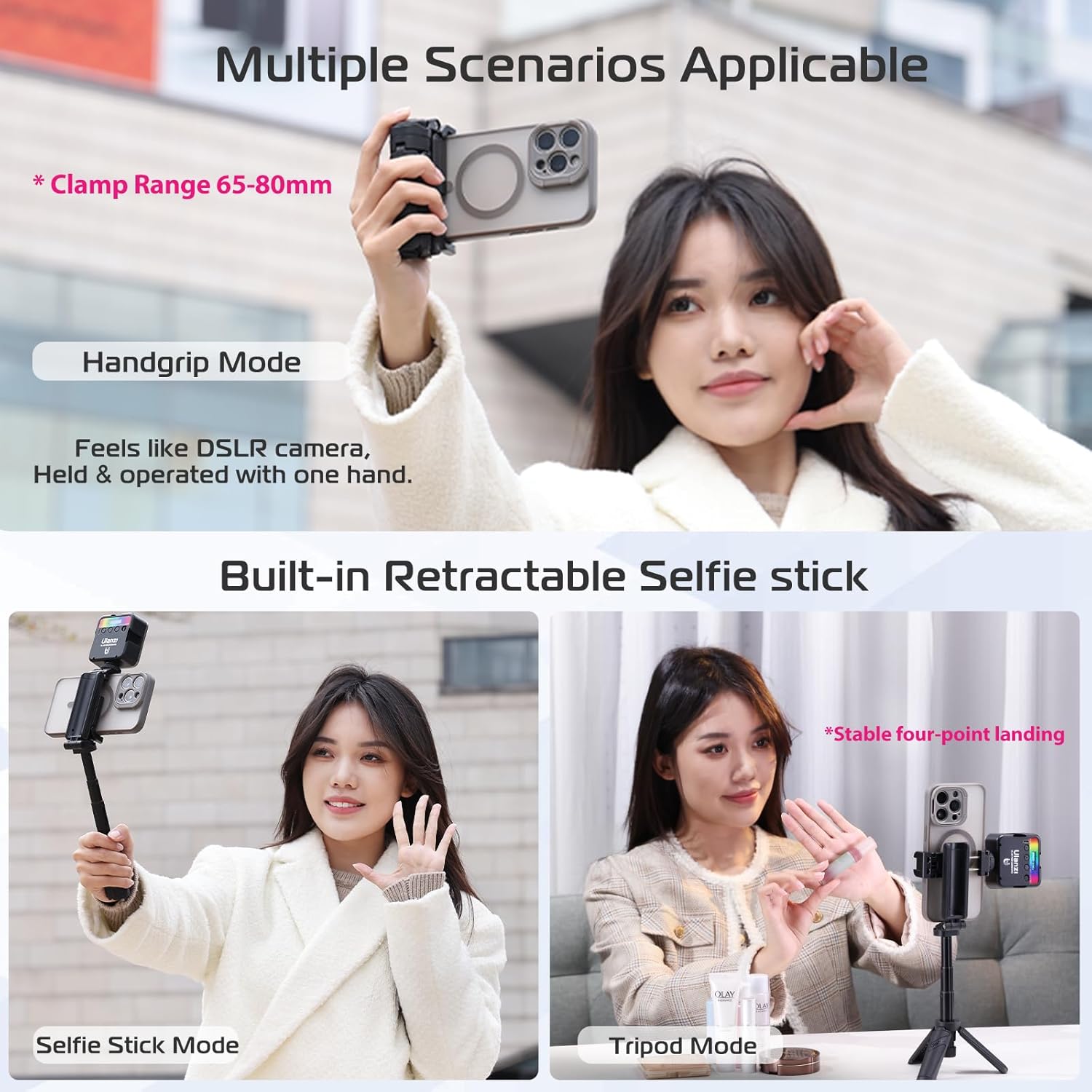 ulanzi jj02 selfie stick tripod, extendable grip phone tripod with detachable remote pocket size, 3 in 1 mini phone grip 2 cold shoe, 10m/393.7'' wireless shutter, vlog livestreaming photography